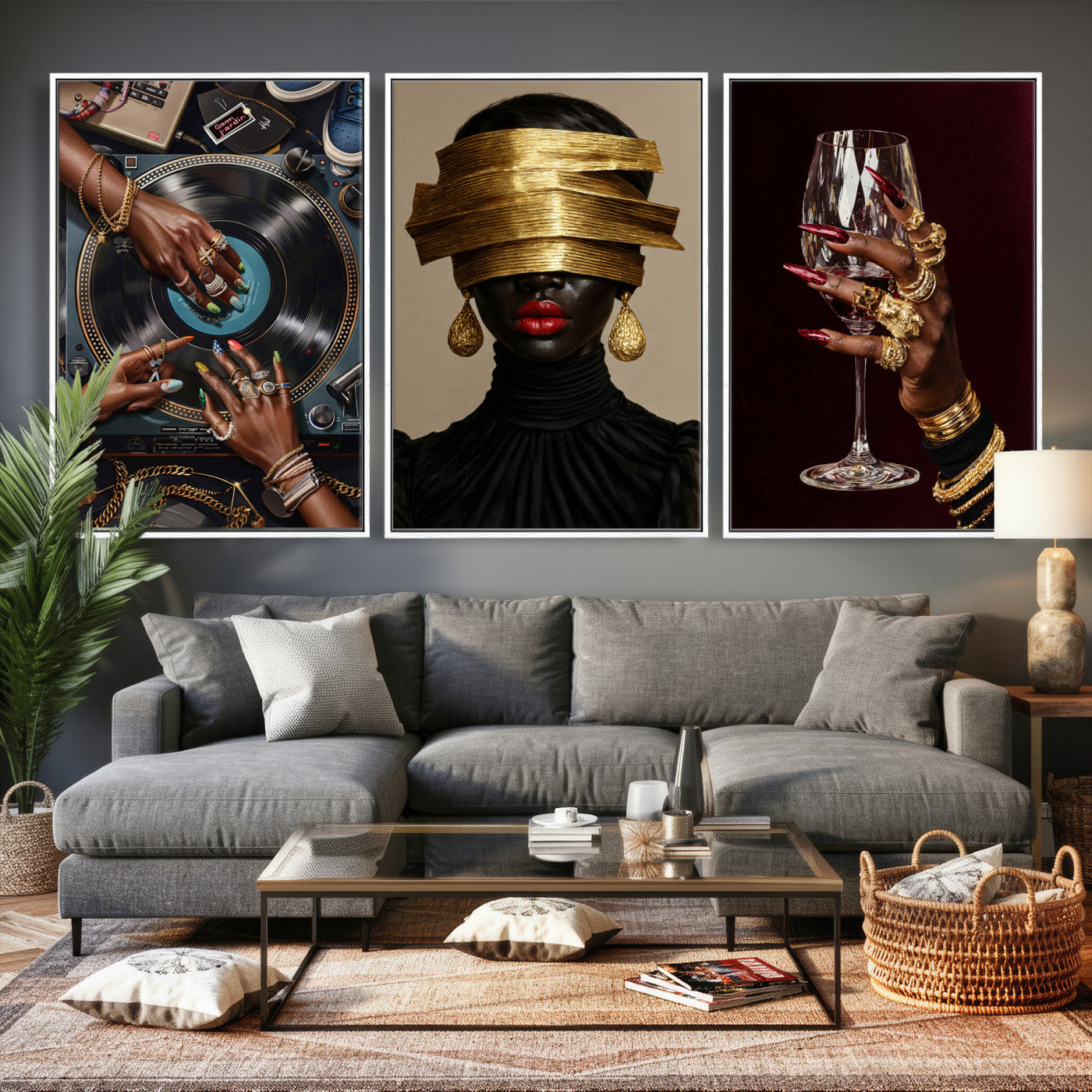 Luxury Fashion Wall Art Canvas Print Set of 3, Gold Jewelry