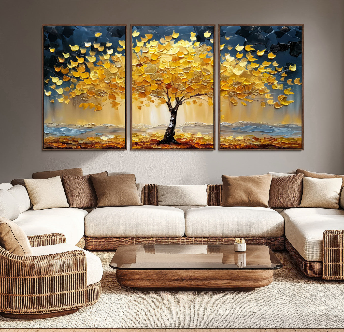 Golden Tree Wall Art – Framed Autumn Leaves Canvas Artwork,