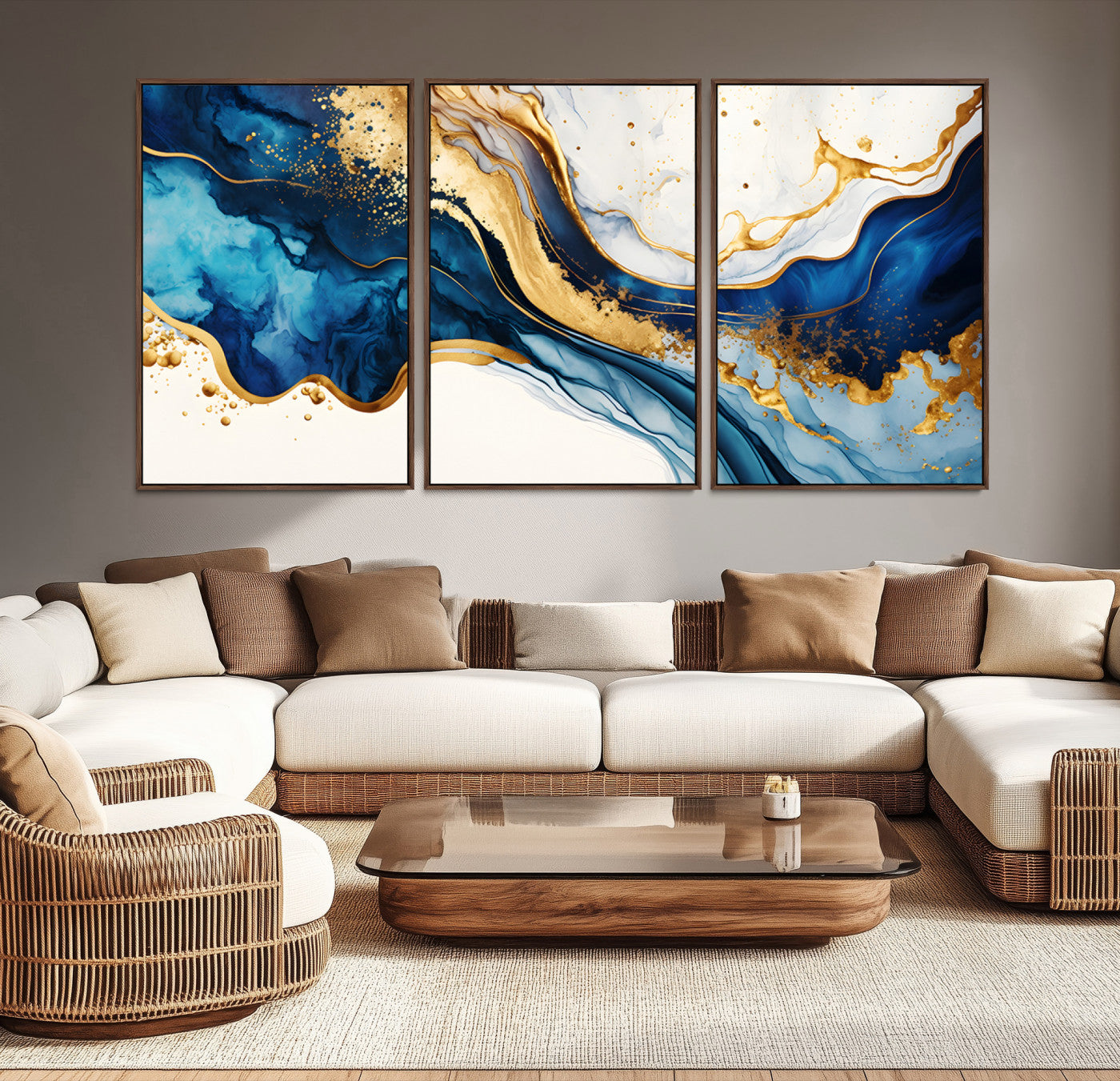 Blue Gold Flow Wall Art Canvas Print – Framed Marble Design