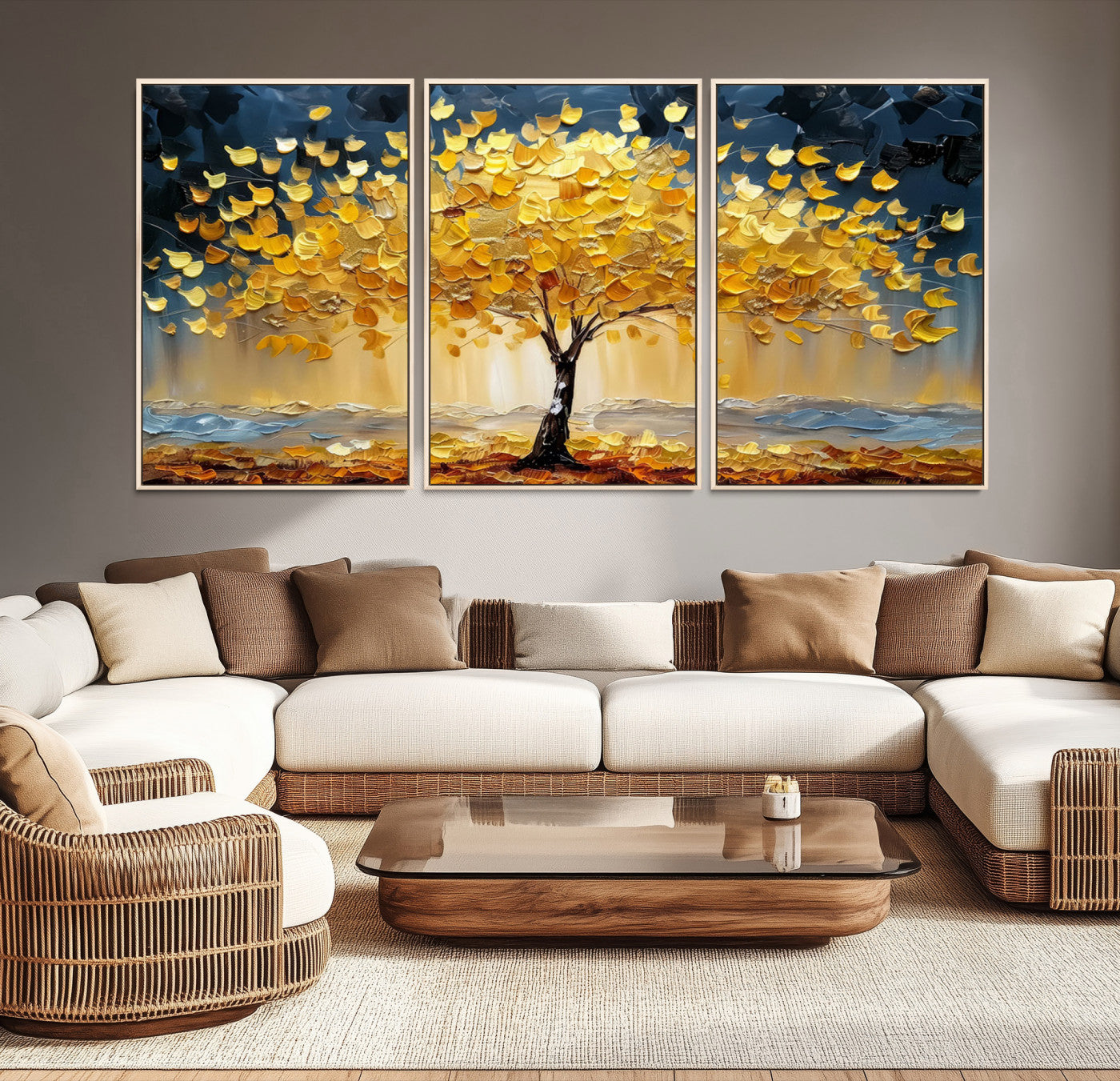Golden Tree Wall Art – Framed Autumn Leaves Canvas Artwork,