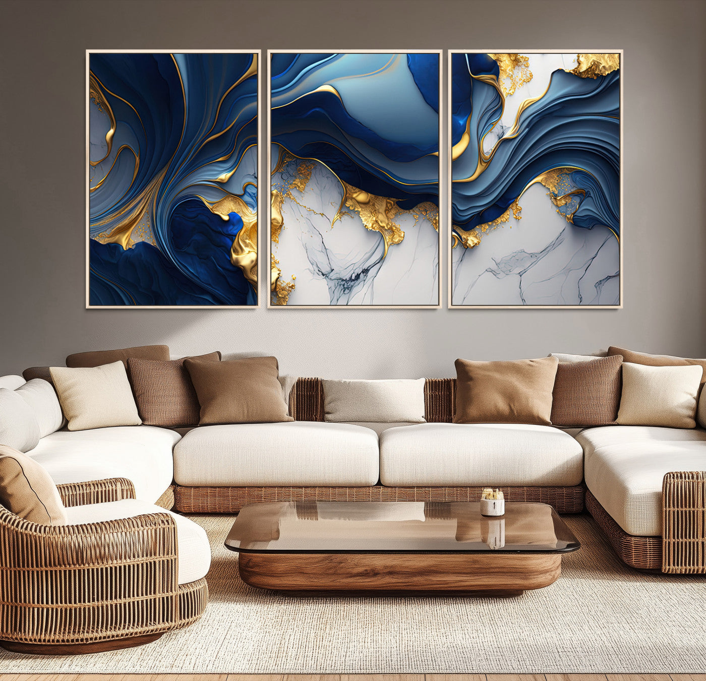 Blue Marble Wall Art Canvas Print – Framed Gold Veins