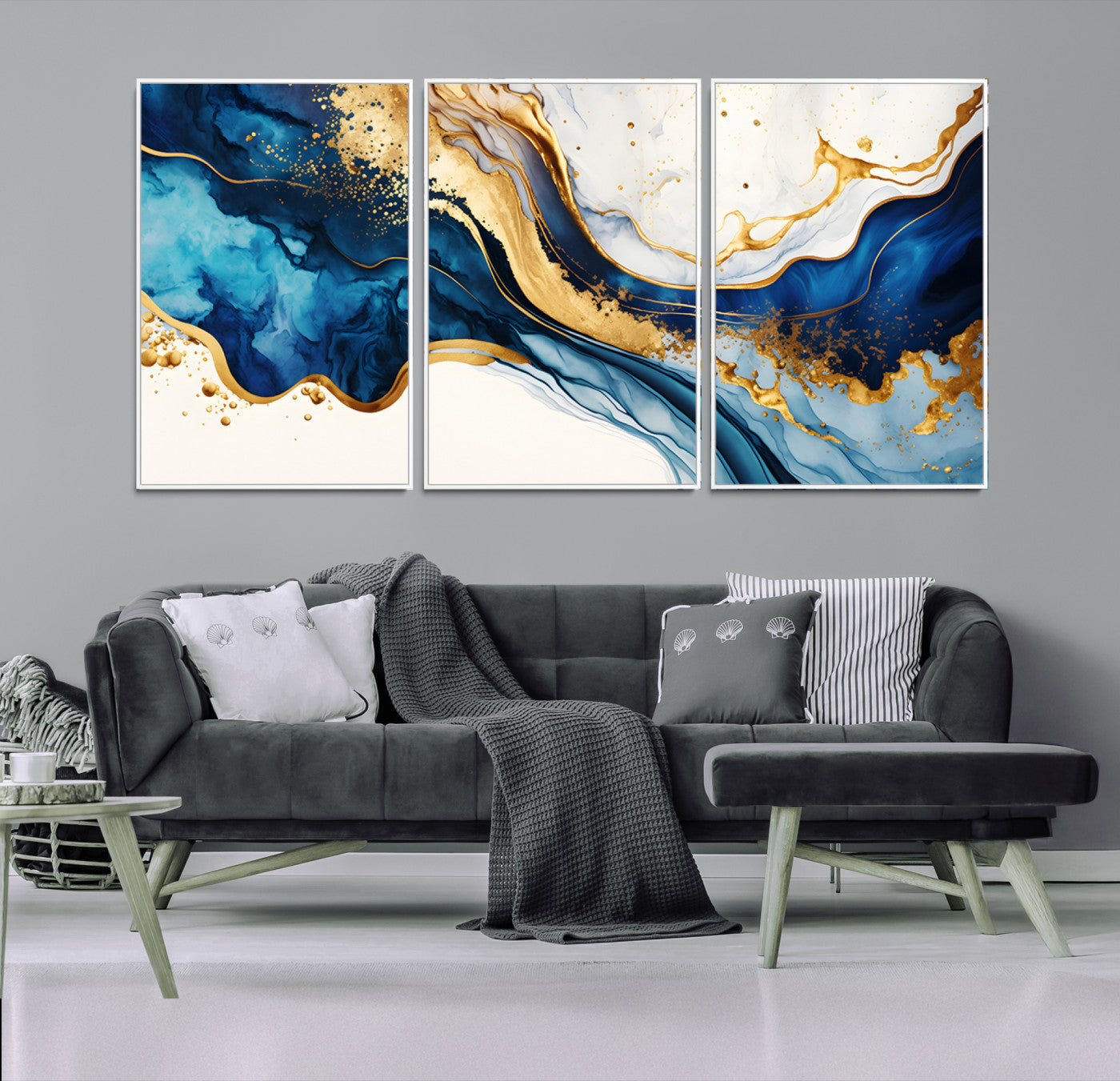 Blue Gold Flow Wall Art Canvas Print – Framed Marble Design