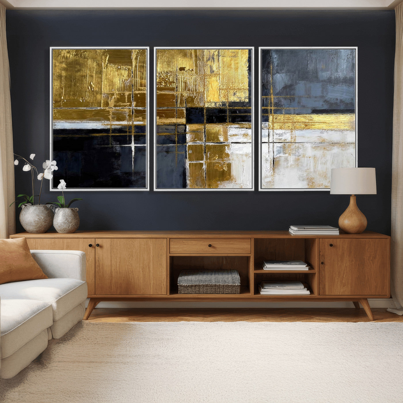 Gold Navy Abstract Wall Art Canvas Print, Modern Luxury