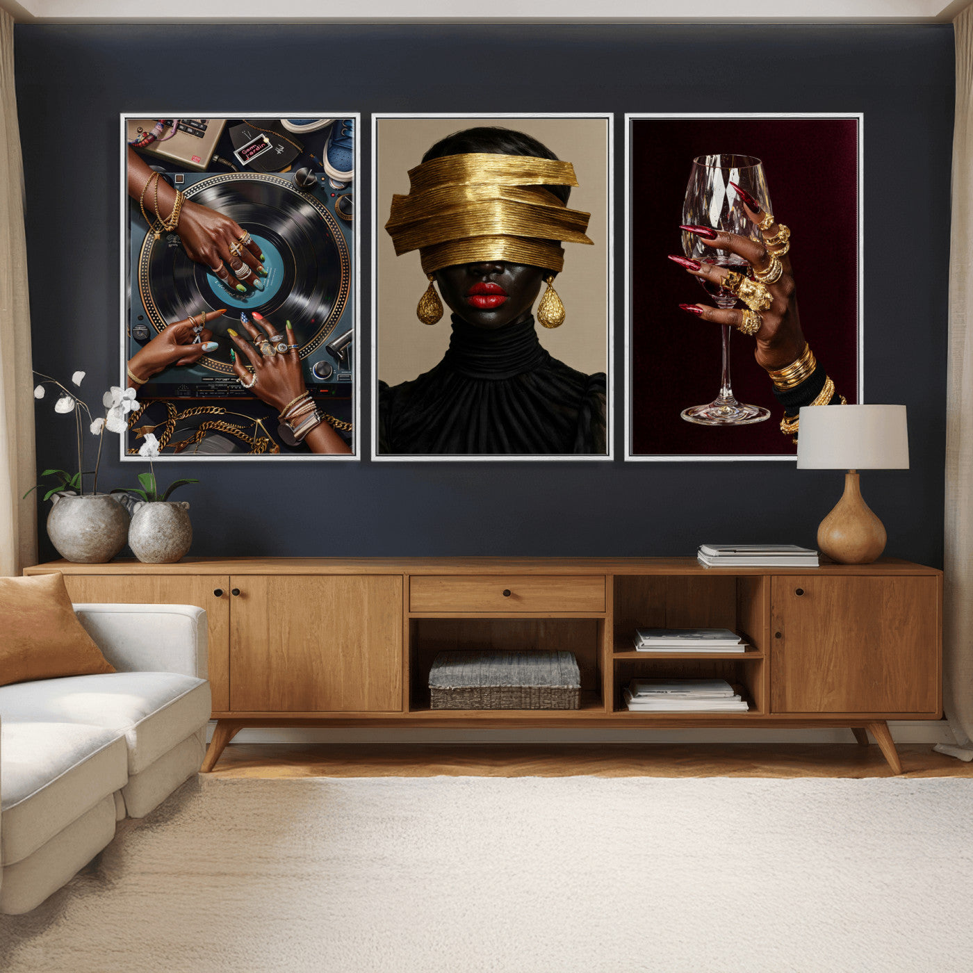 Luxury Fashion Wall Art Canvas Print Set of 3, Gold Jewelry