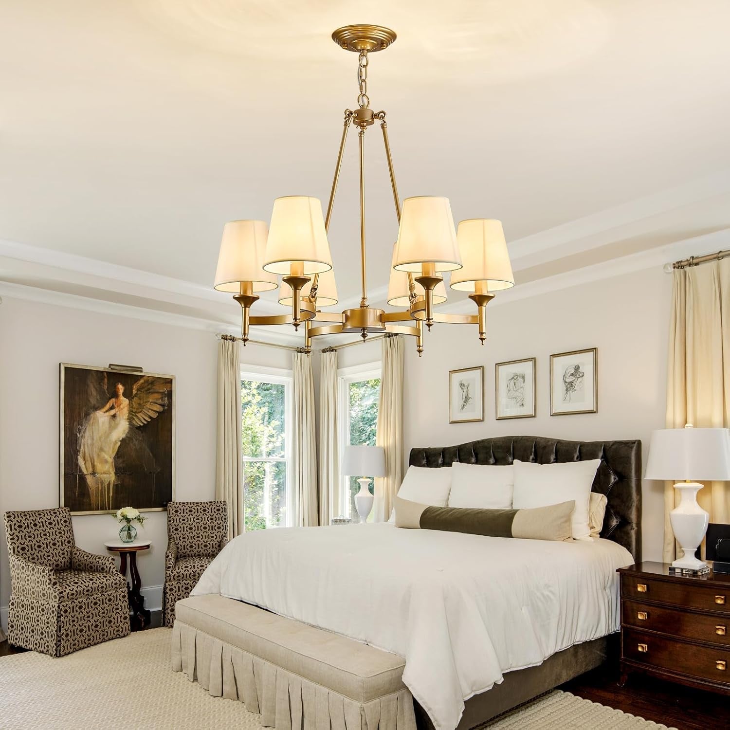 Gold Wagon Wheel Chandelier With White Linen Shade 6 Light-4