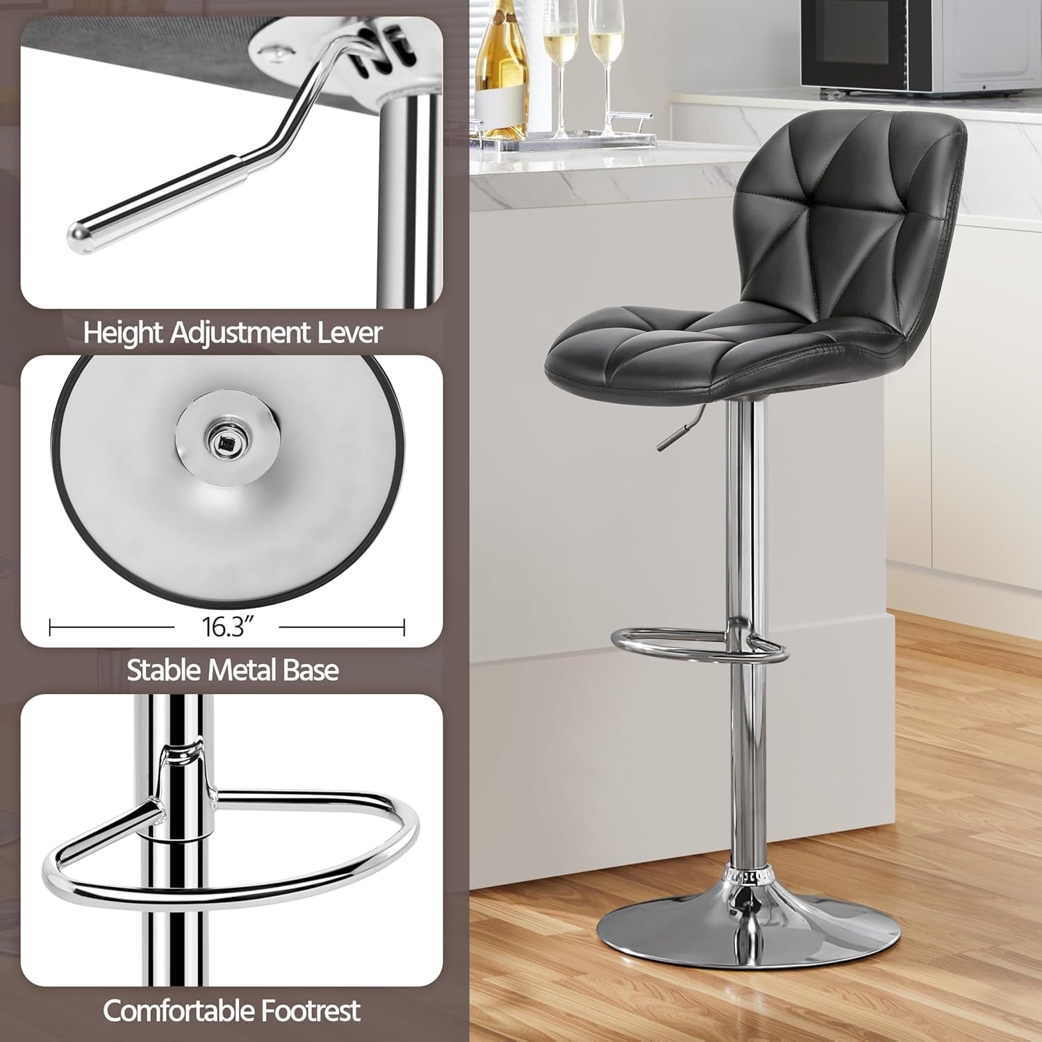 Grey PU Leather Bar Stool Set of 2 Height Adjustable Swivel