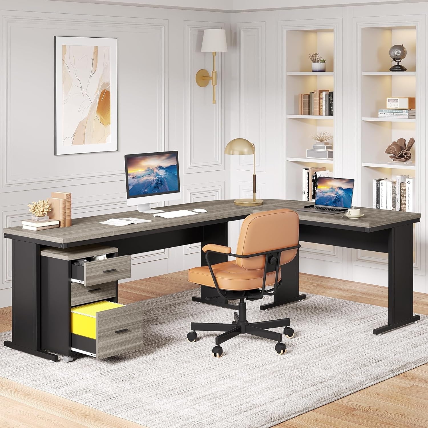 83 Inch L Shaped Desk With Gray Three Drawer File Cabinet
