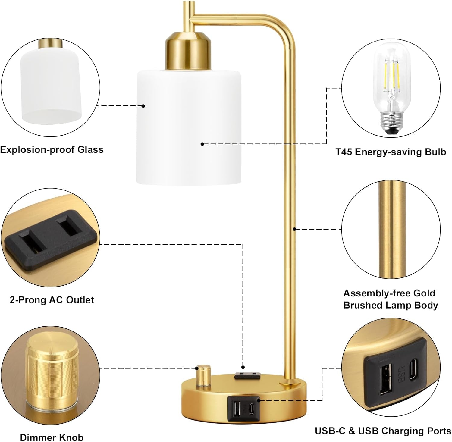 Industrial Table Lamps With USB Ports Dimmable Gold Shade
