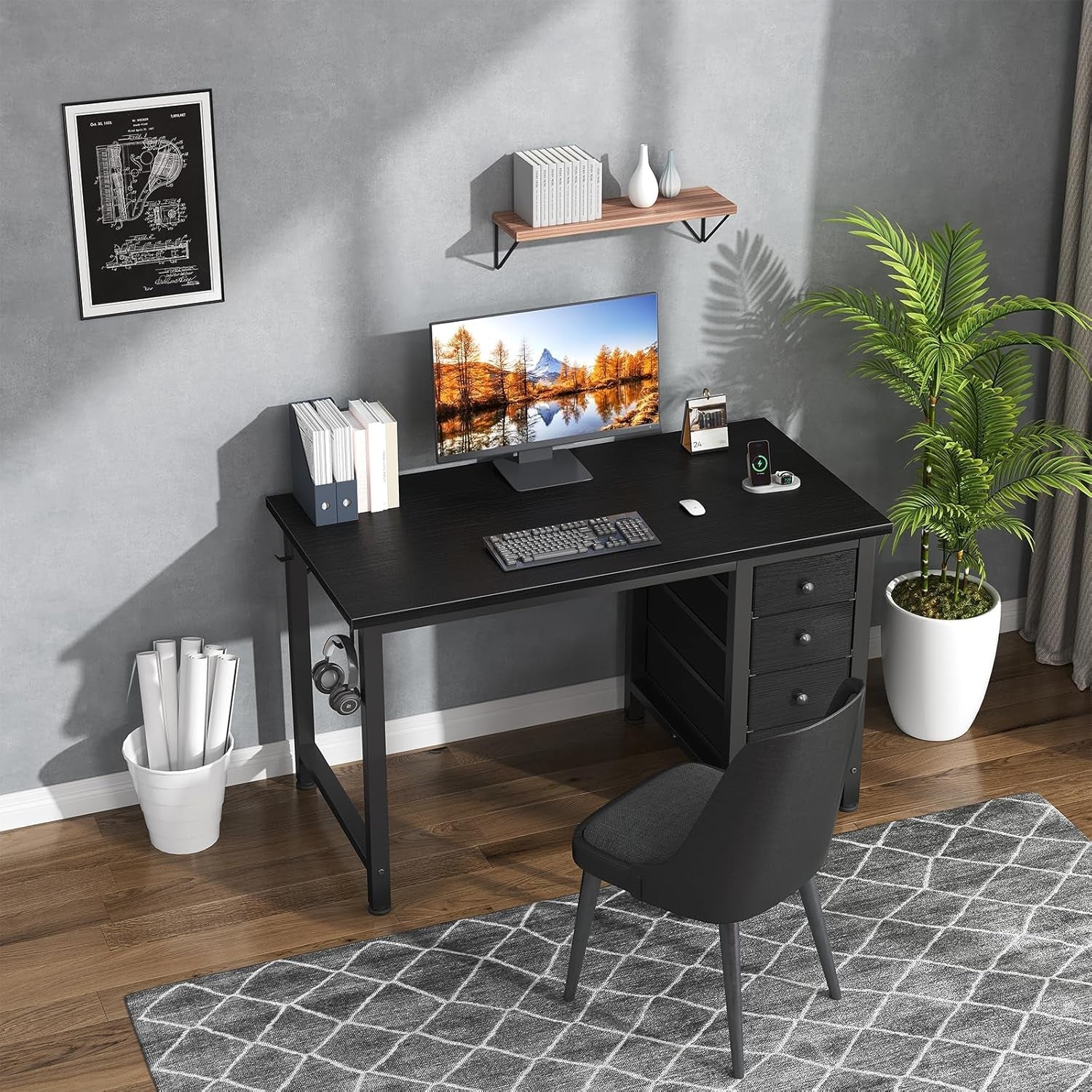 40 Inch Small Gaming Desk With Fabric Drawers Black
