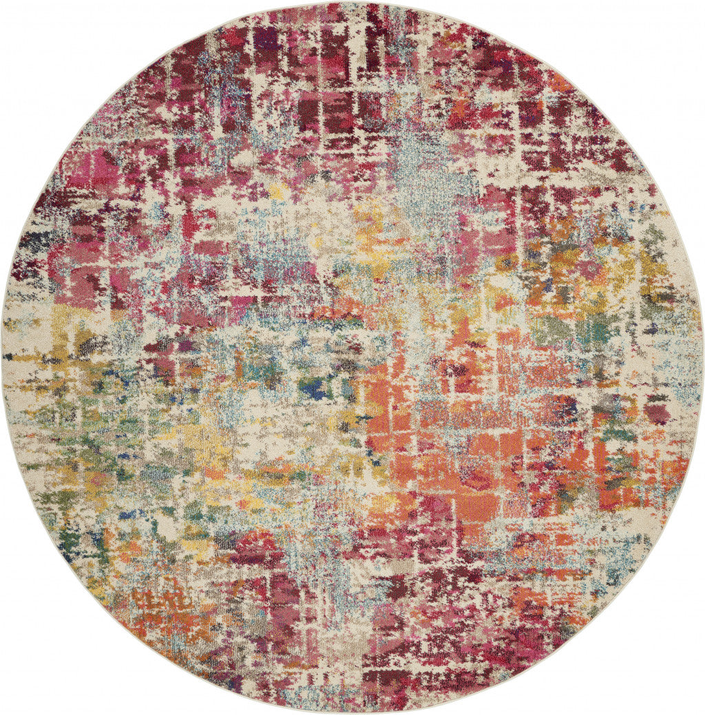 8' X 8' Pink Round Abstract Power Loom Distressed Non Skid Area Rug-0