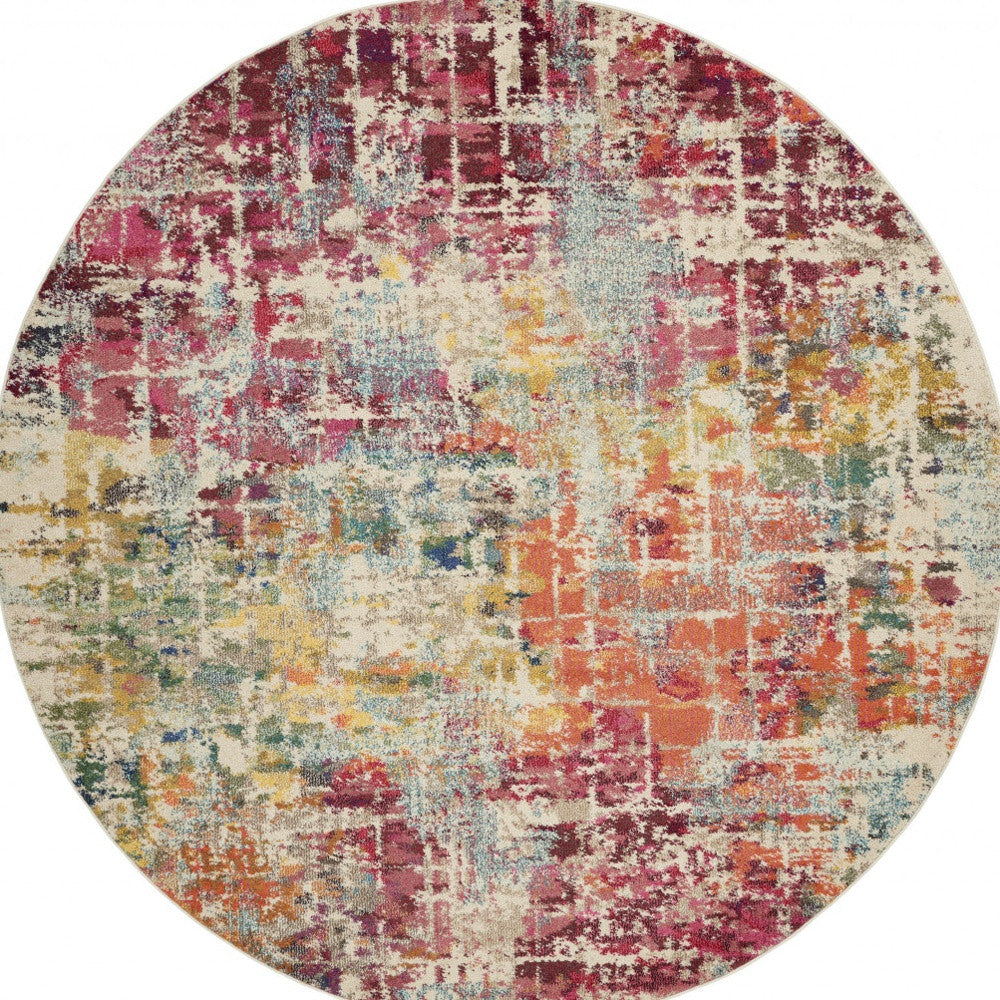 8' X 8' Pink Round Abstract Power Loom Distressed Non Skid Area Rug-3