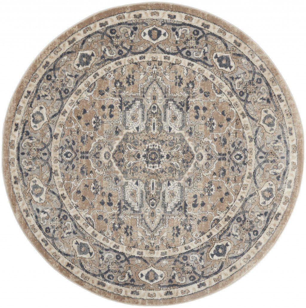 5' X 5' Beige And Grey Round Oriental Power Loom Non Skid Area Rug-1