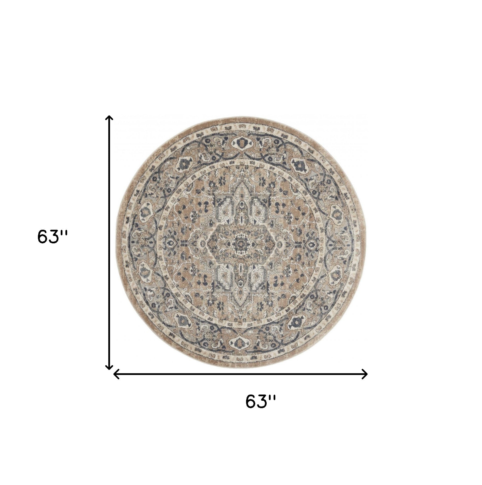 5' X 5' Beige And Grey Round Oriental Power Loom Non Skid Area Rug-4