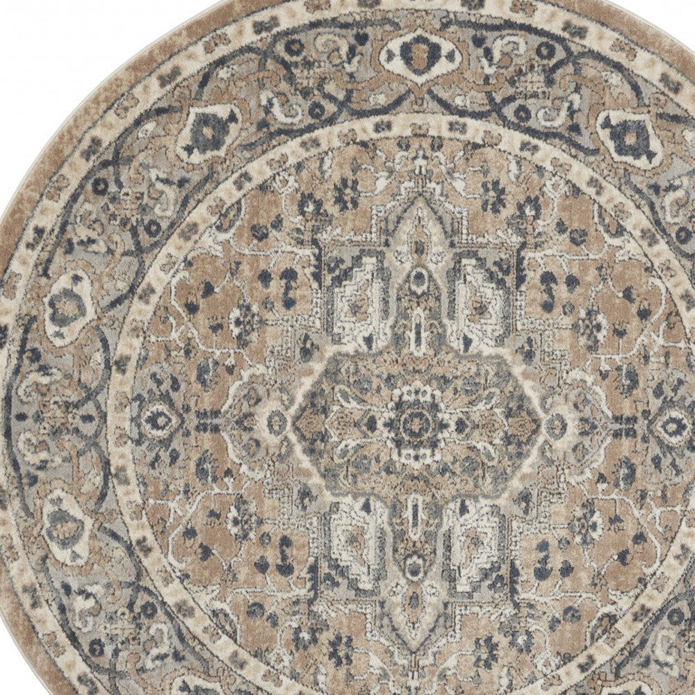 5' X 5' Beige And Grey Round Oriental Power Loom Non Skid Area Rug-3