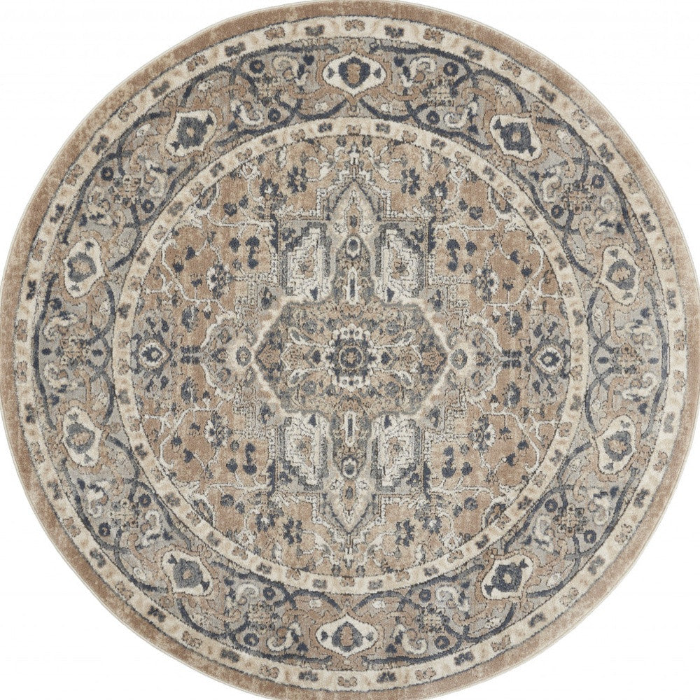 5' X 5' Beige And Grey Round Oriental Power Loom Non Skid Area Rug-0