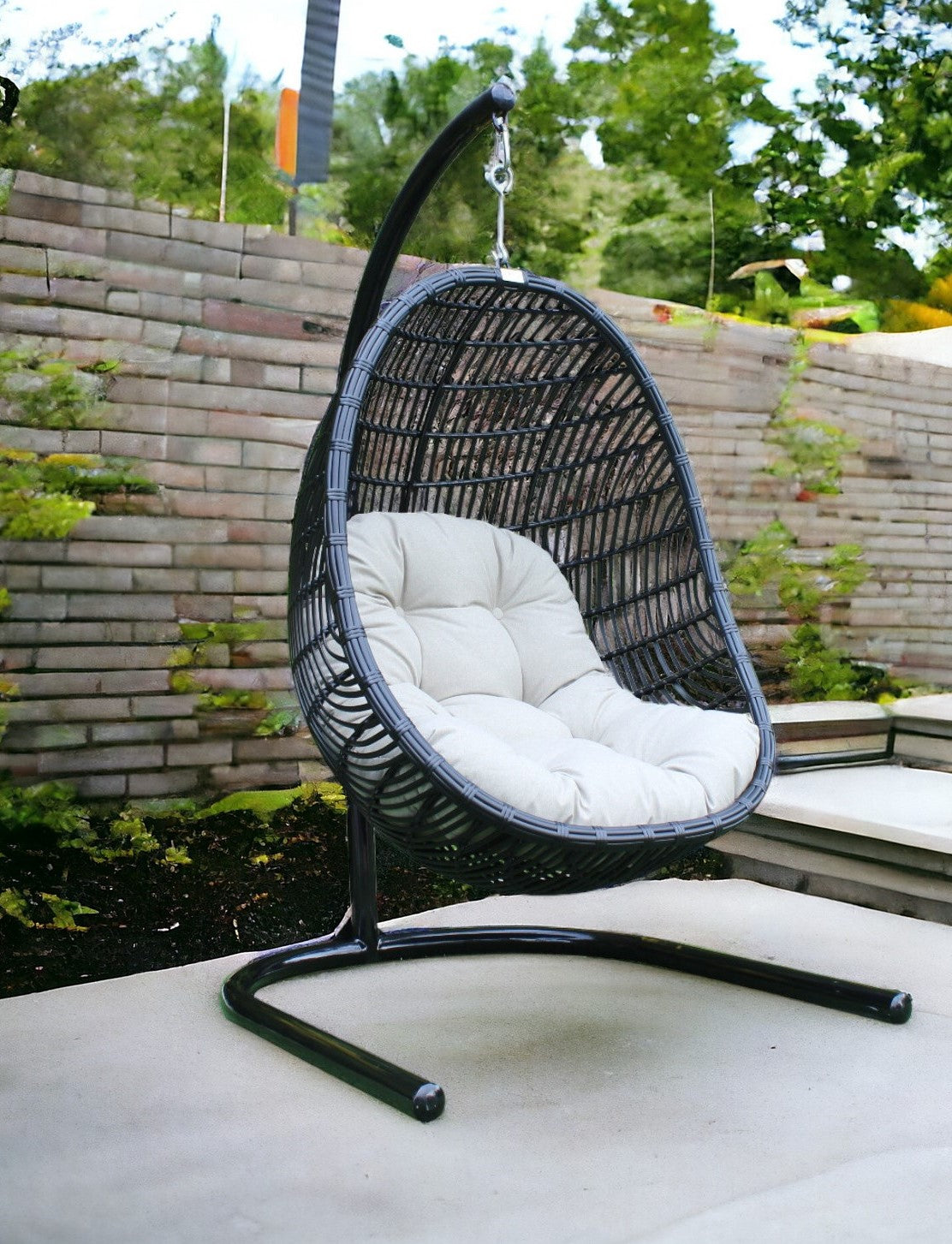 43" Beige Aluminum Outdoor Swing Chair with Beige Cushion-0