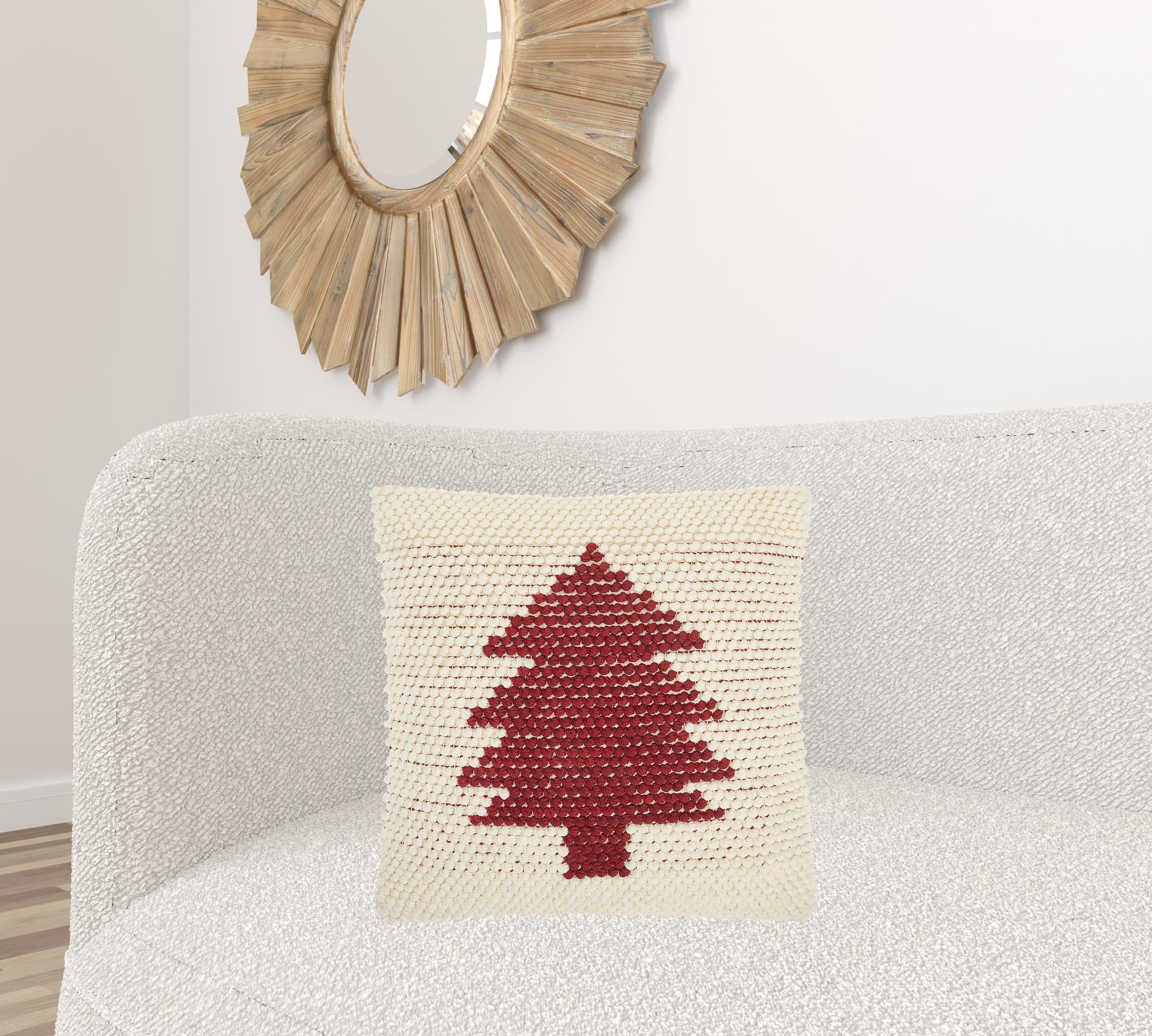 20" X 20" Ivory And Red Zippered Handmade Polyester Christmas Tree Throw Pillow-2