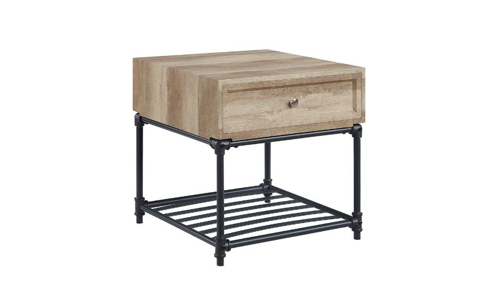 22" Sandy Black And Oak Manufactured Wood And Metal Square End Table With Drawer And Shelf-0