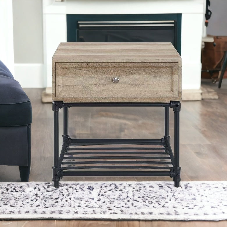 22" Sandy Black And Oak Manufactured Wood And Metal Square End Table With Drawer And Shelf-5