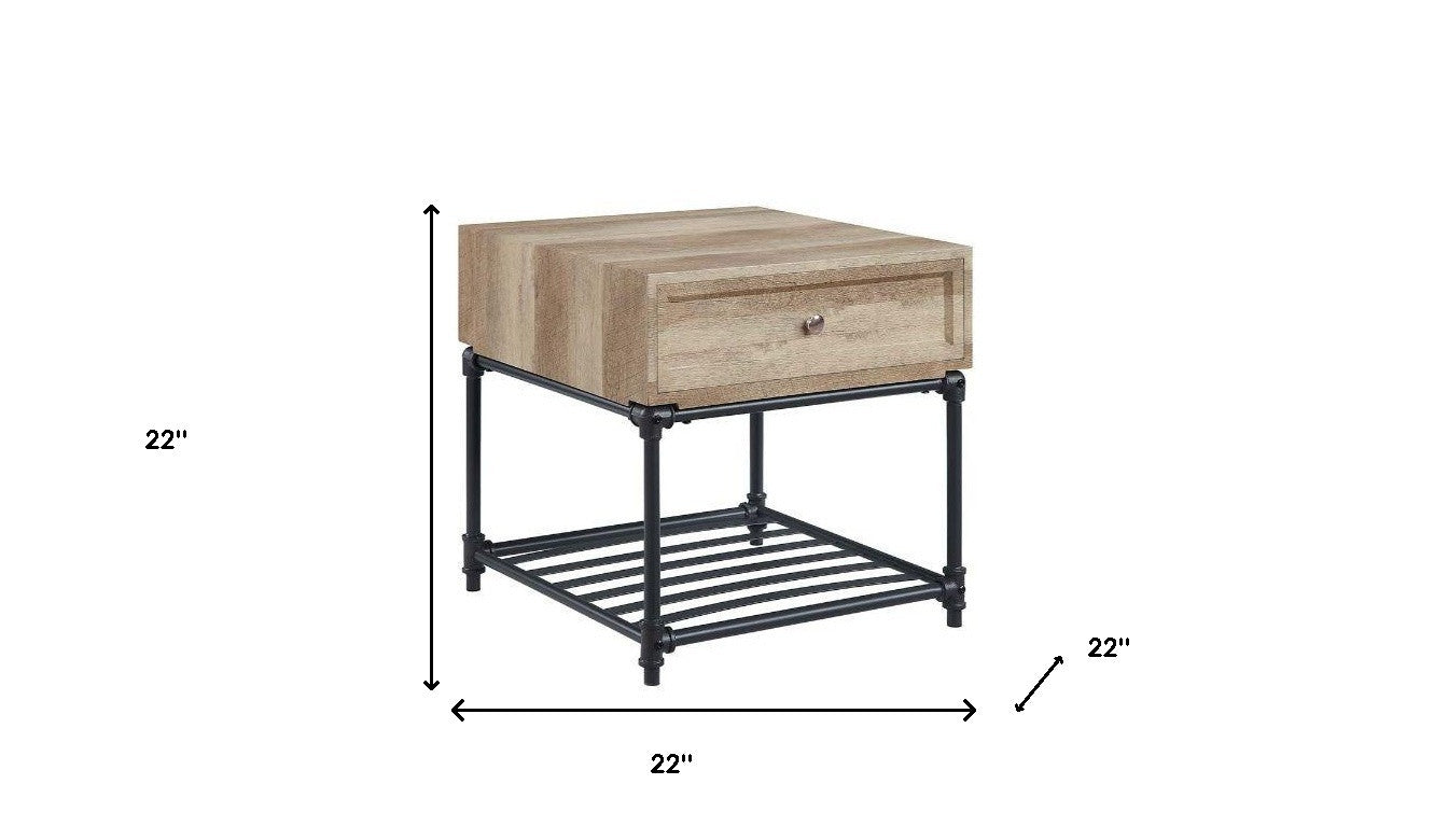 22" Sandy Black And Oak Manufactured Wood And Metal Square End Table With Drawer And Shelf-8