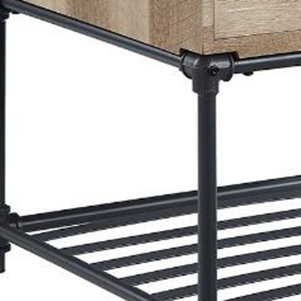 22" Sandy Black And Oak Manufactured Wood And Metal Square End Table With Drawer And Shelf-6