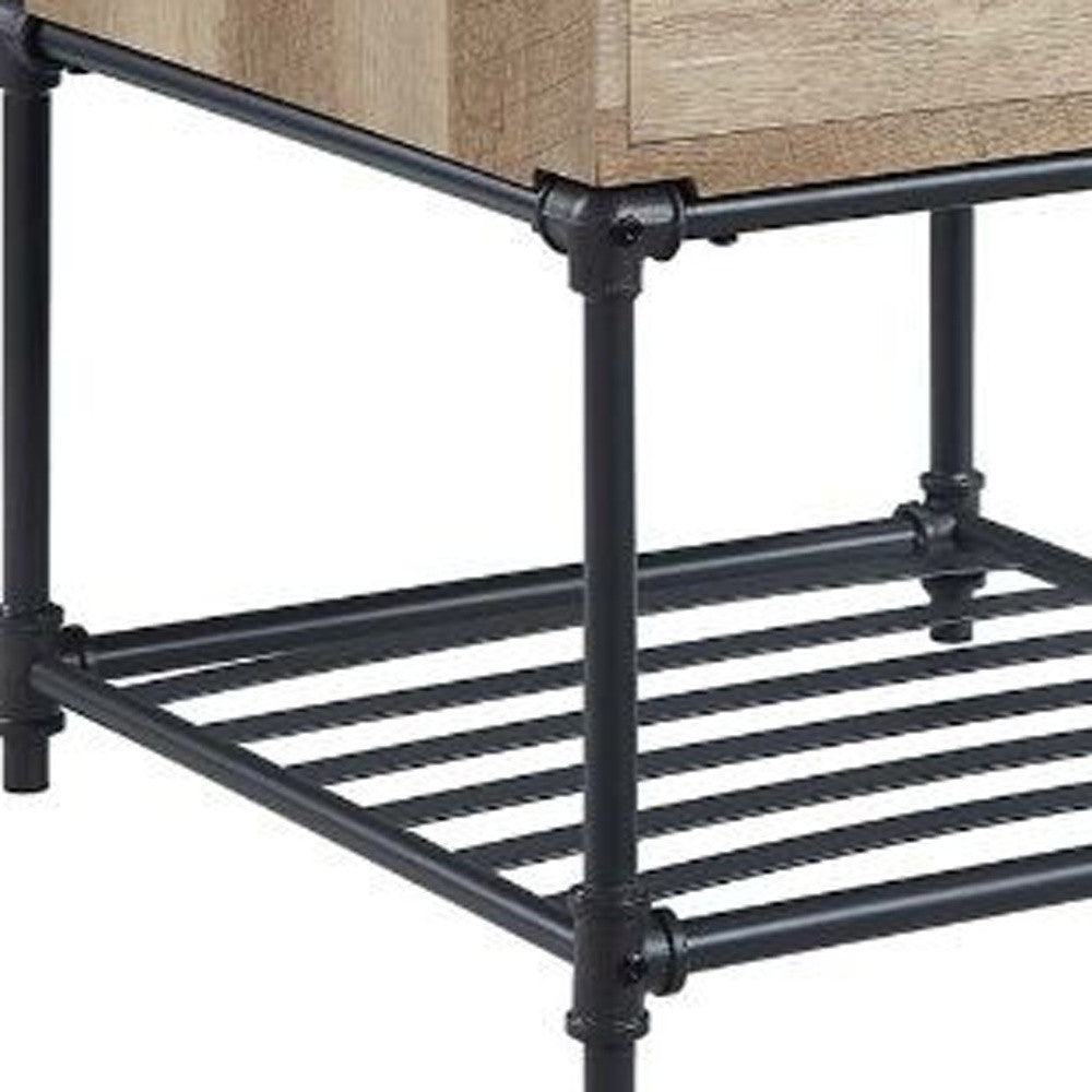 22" Sandy Black And Oak Manufactured Wood And Metal Square End Table With Drawer And Shelf-7