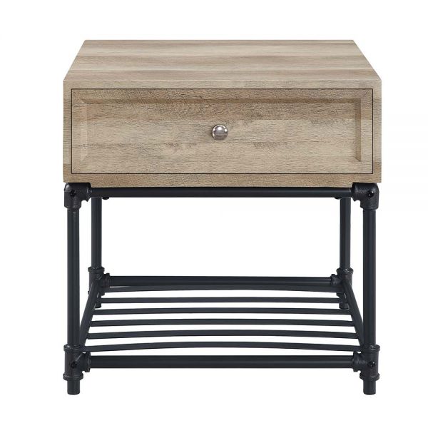 22" Sandy Black And Oak Manufactured Wood And Metal Square End Table With Drawer And Shelf-4