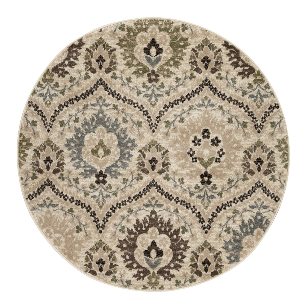 8' Round Ivory Gray And Olive Round Floral Stain Resistant Area Rug-0