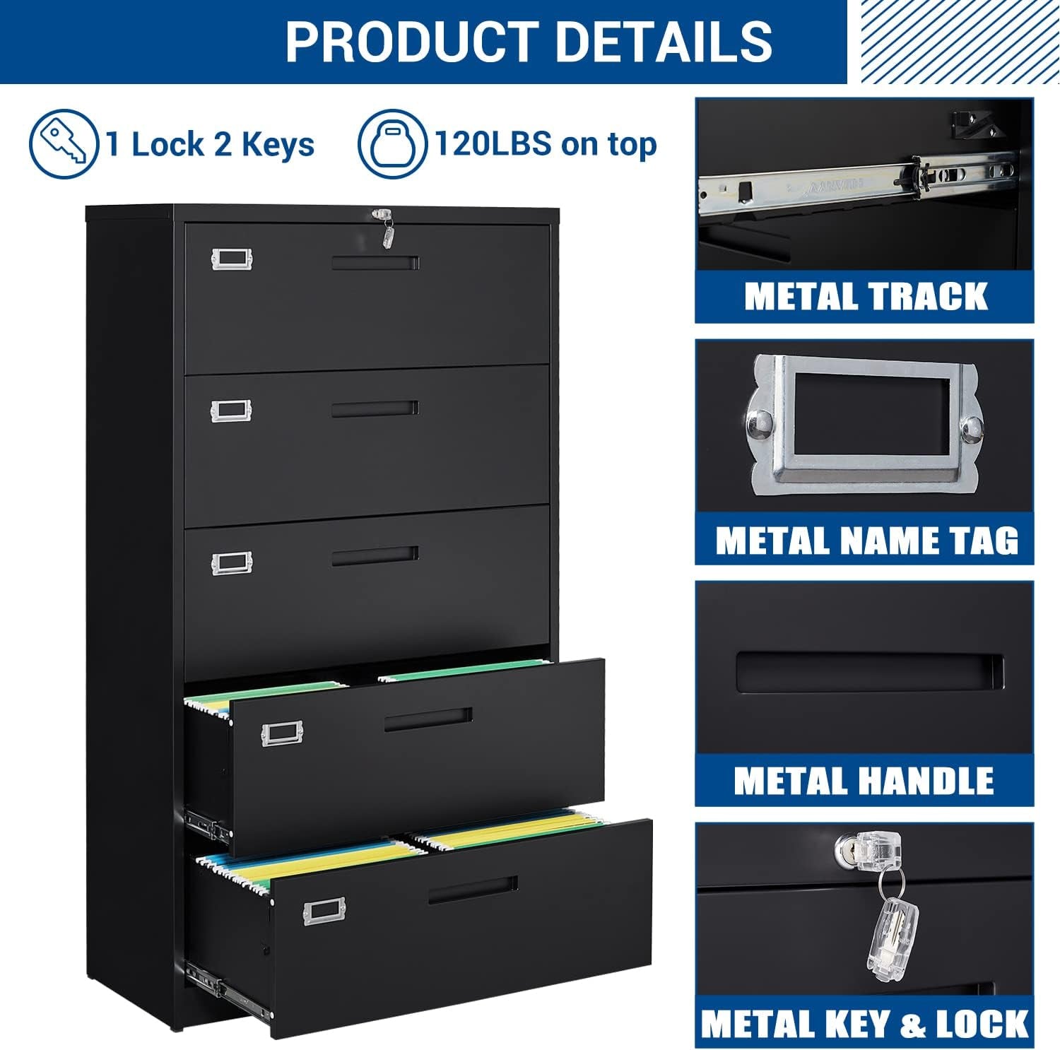 5 Drawer Lateral File Cabinet Lockable Metal Office Storage