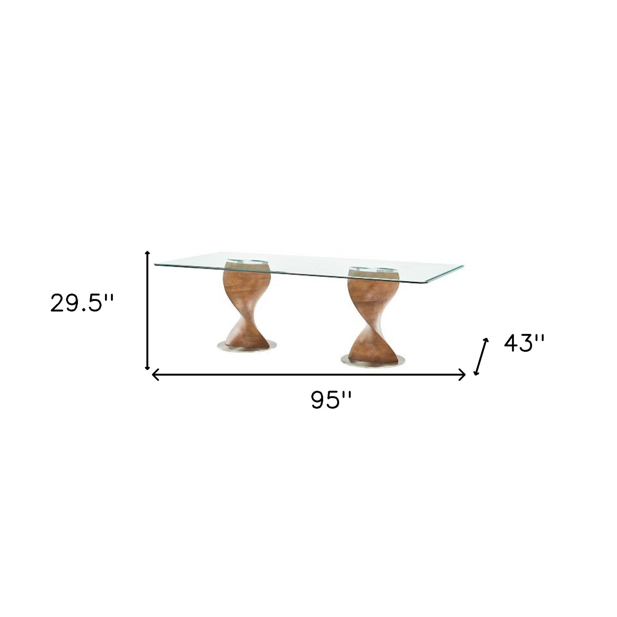 95" Clear And Brown Glass And Solid Wood Double Pedestal Base Dining Table-4