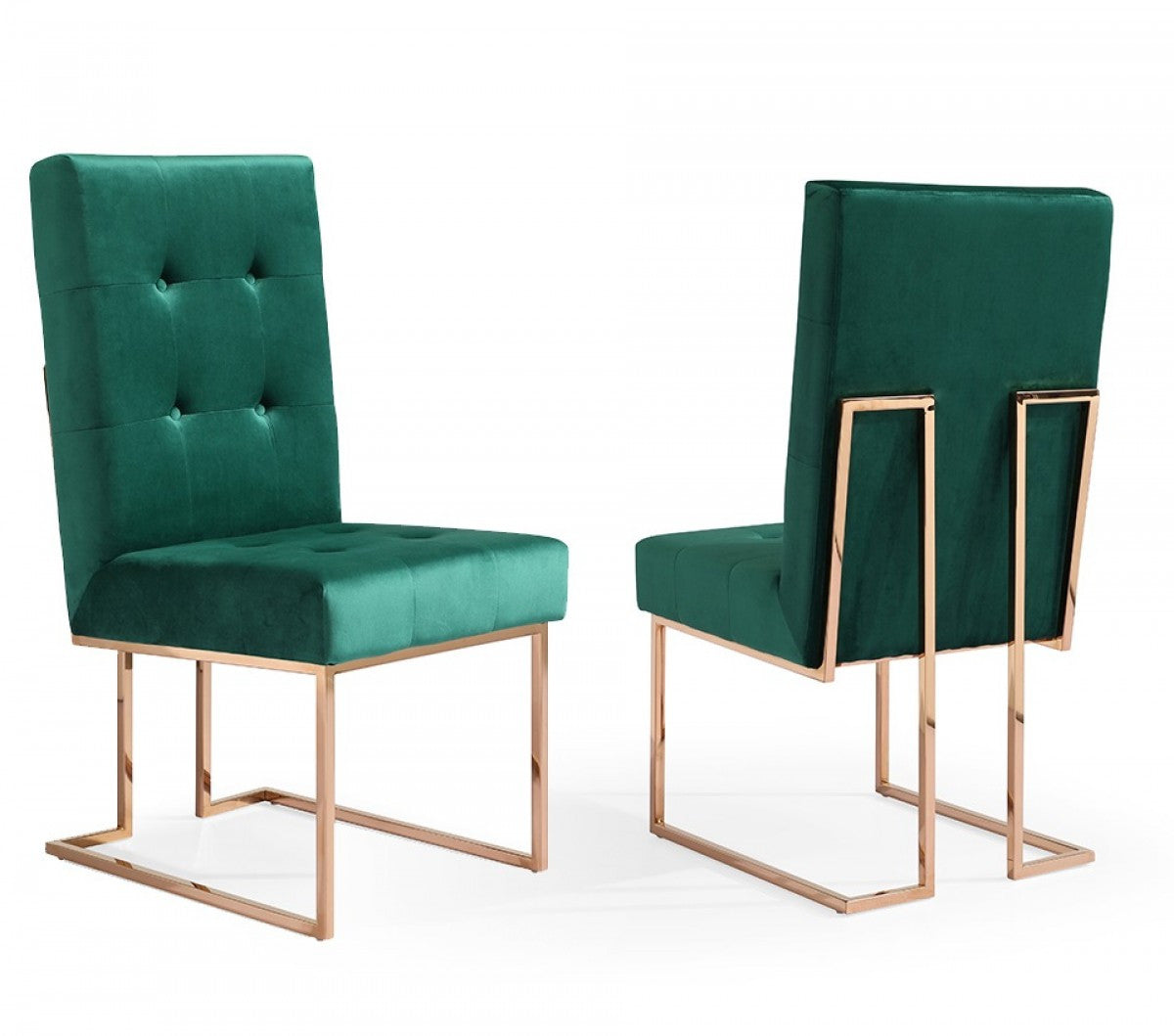 Set of Two Tufted Green And Rose Gold Upholstered Velvet Dining Side Chairs-1