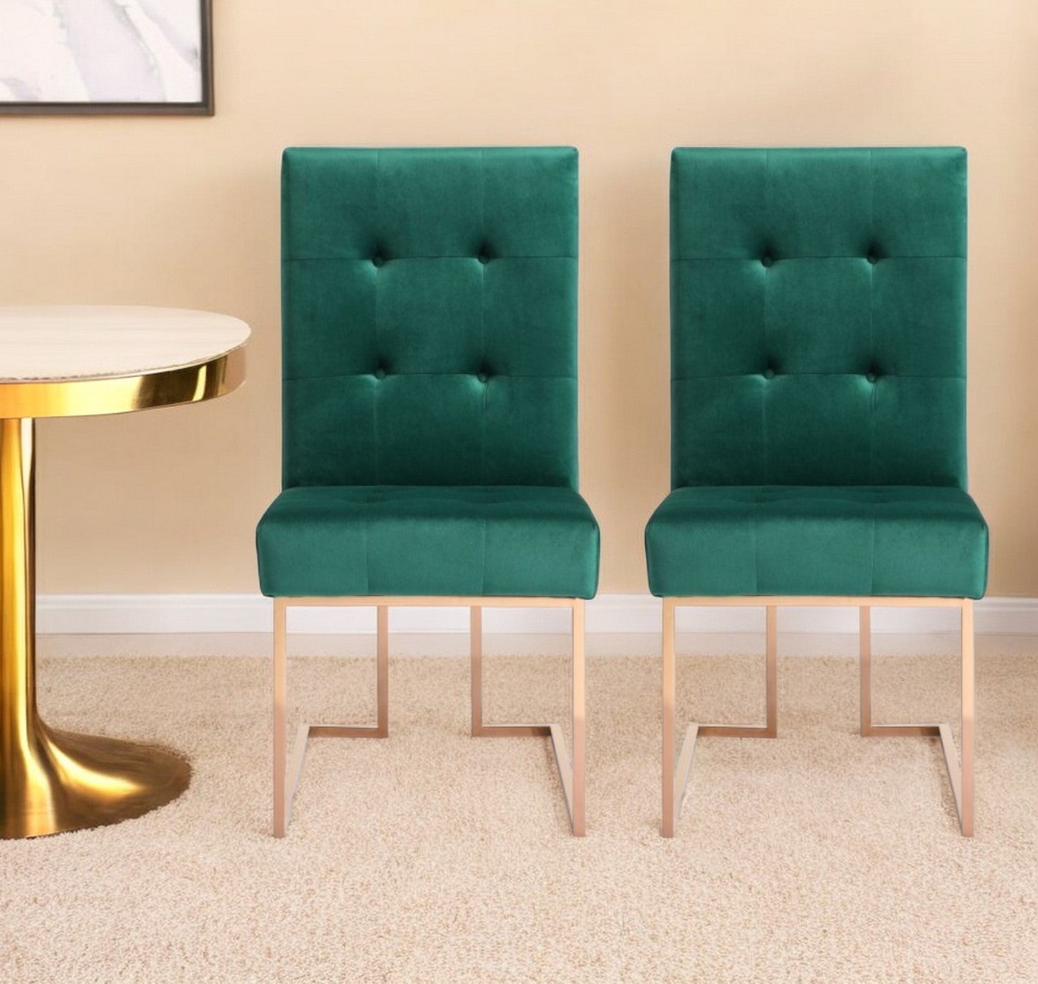 Set of Two Tufted Green And Rose Gold Upholstered Velvet Dining Side Chairs-0