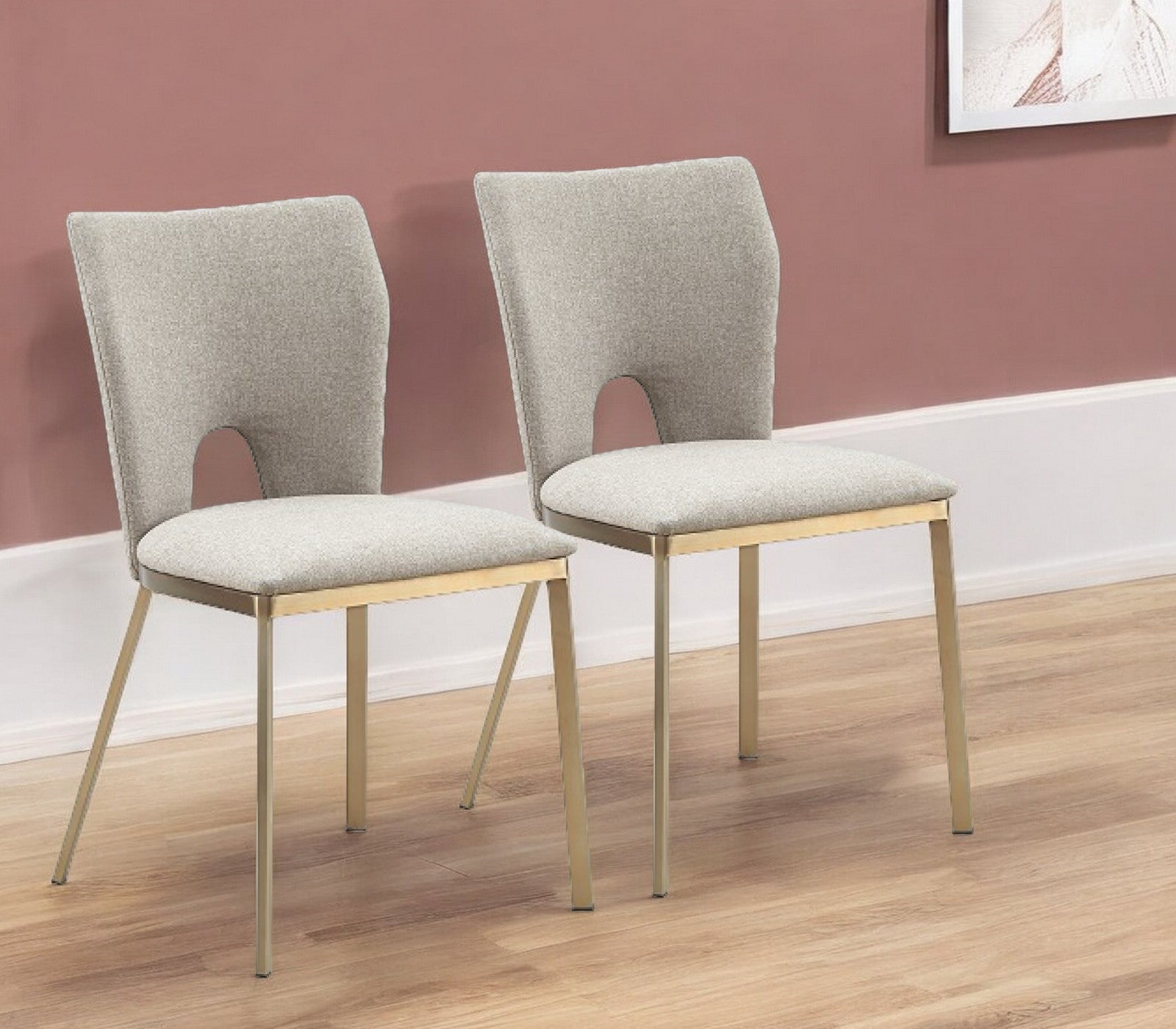 Set of Two Beige And Brass Upholstered Fabric Open Back Dining Side Chairs-0