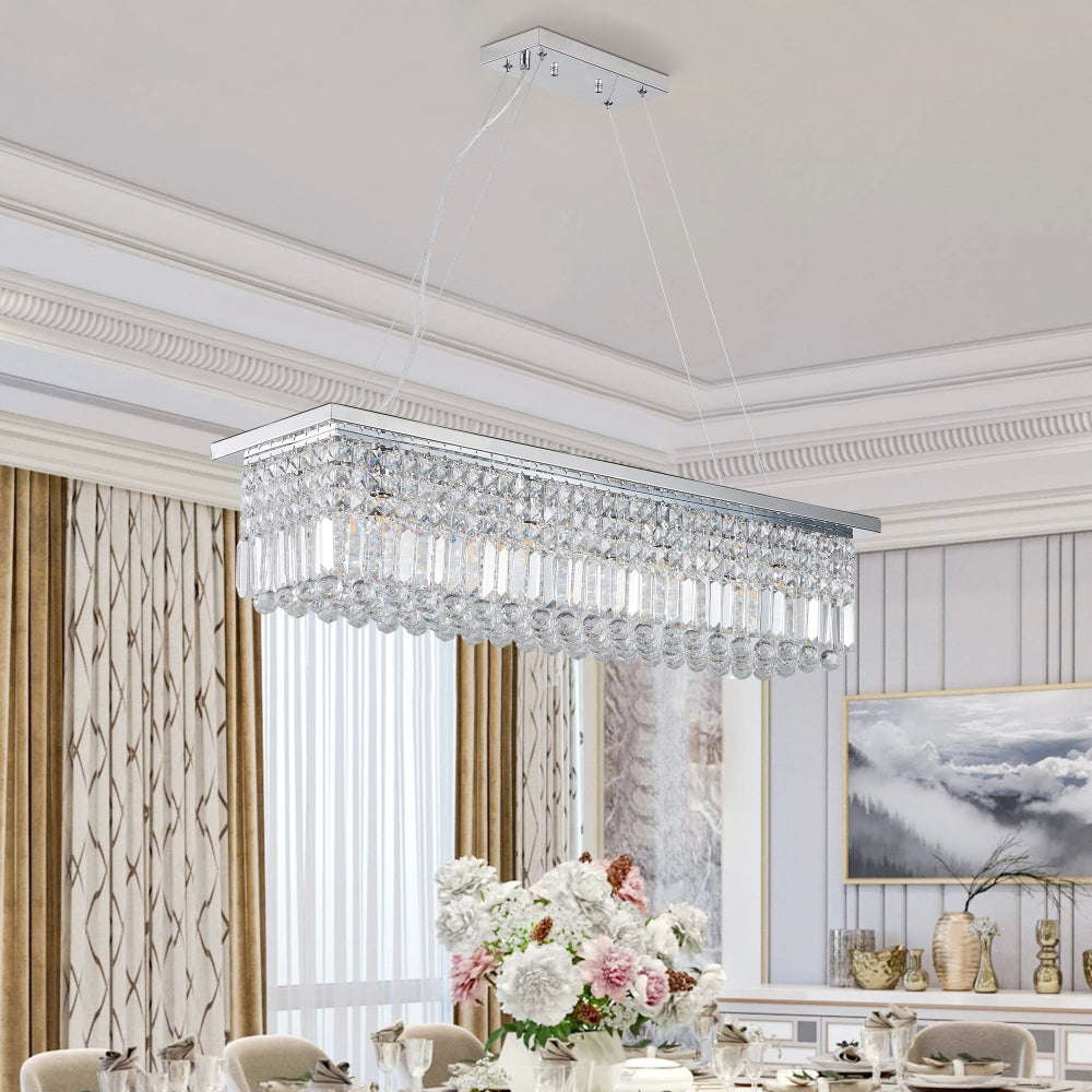 39.4" Rectangle Crystal Raindrop Chandelier | 8-Light Modern Pendant for Dining Room & Kitchen Island — Chrome or Gold, E12