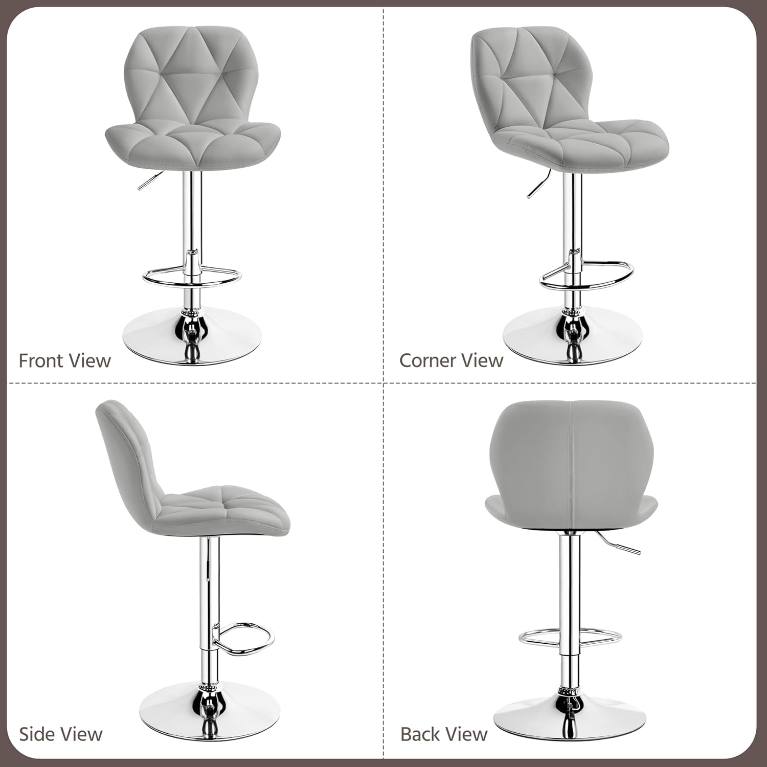 Grey PU Leather Bar Stools Set Of 2 Adjustable Height