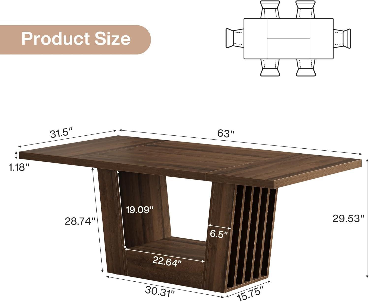 63 Inch Brown Farmhouse Wood Dining Table Heavy Duty Base