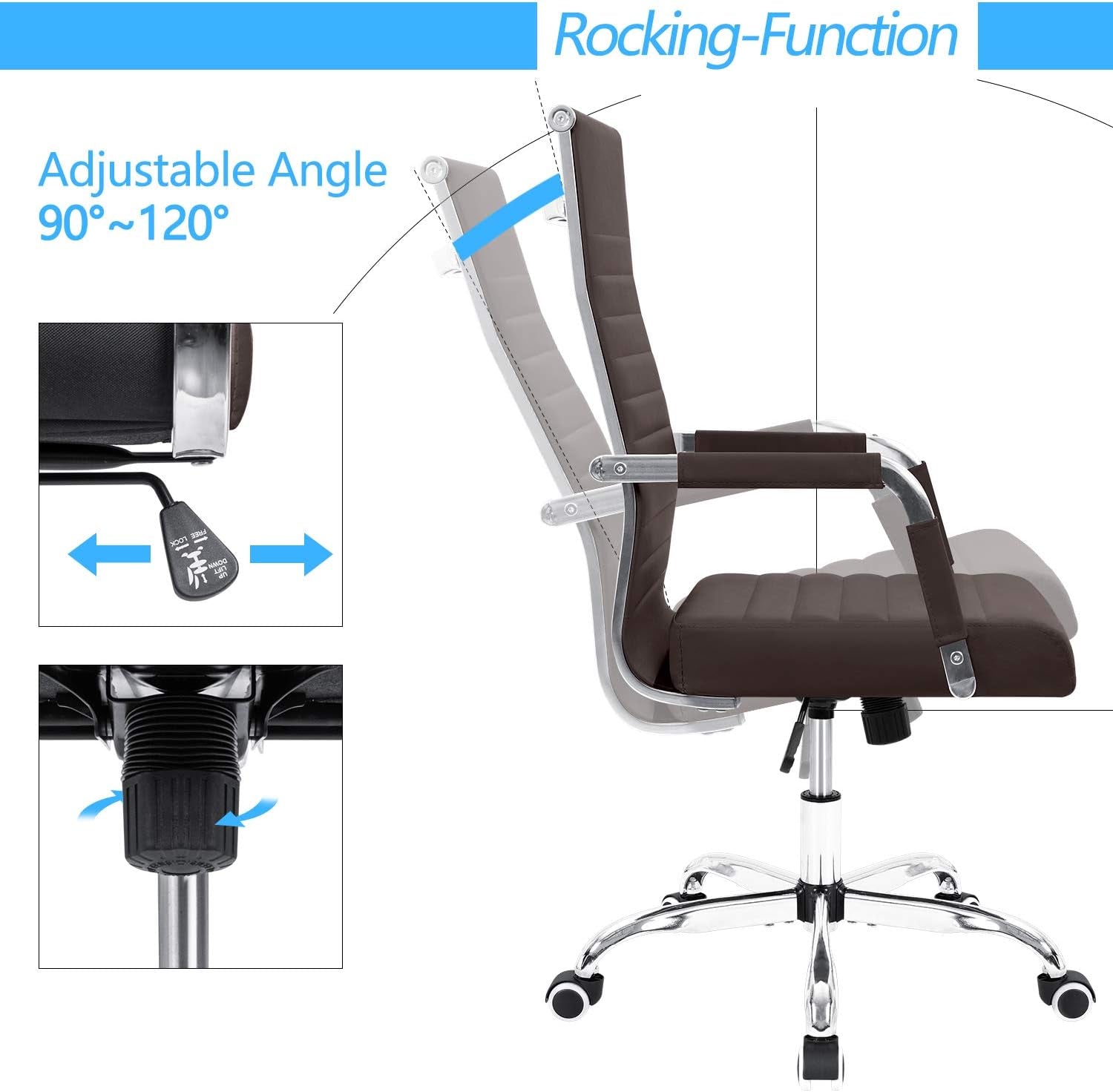 Ribbed PU Leather Office Chair With Arms Brown Adjustable