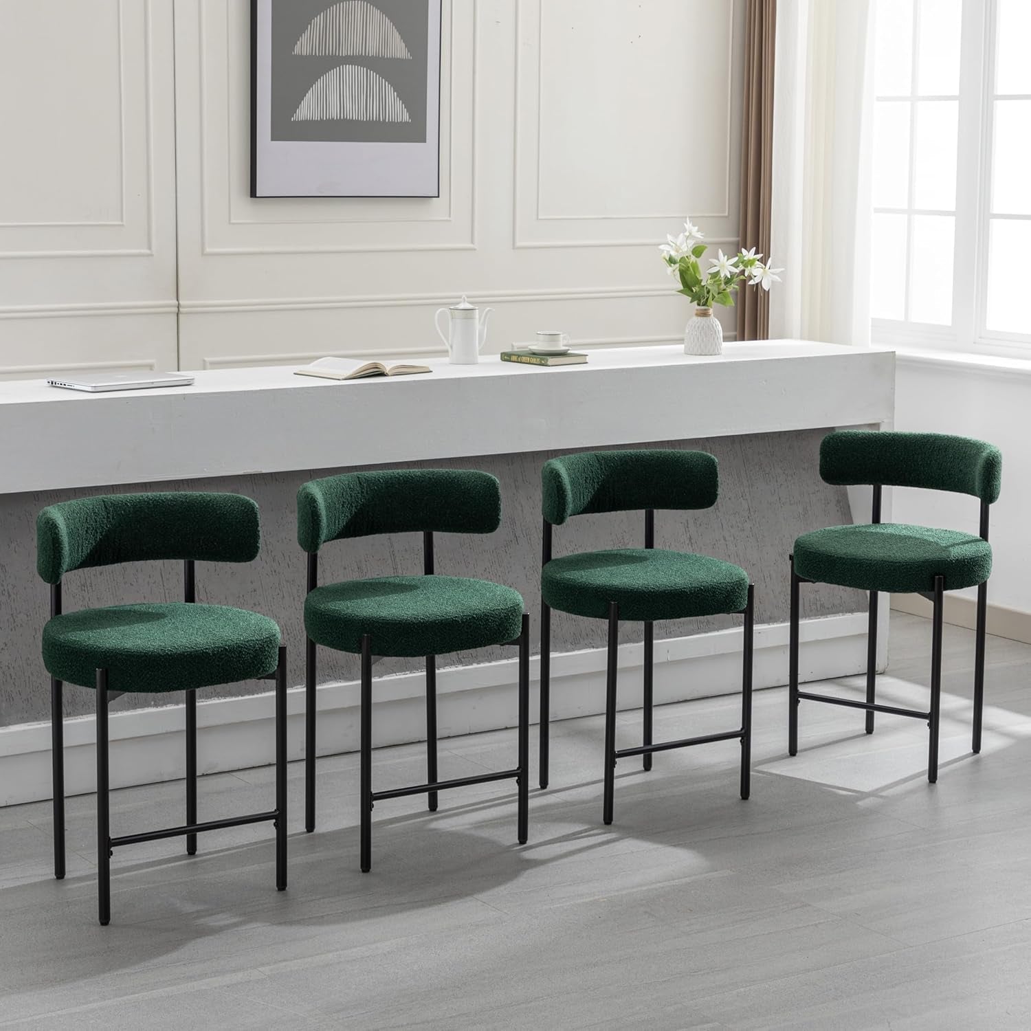 Green Boucle Counter Height Bar Stools Set of Three