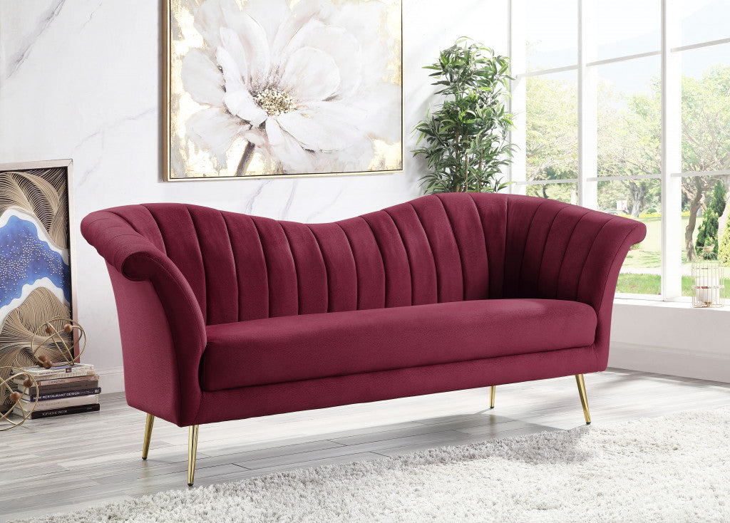 80" Red Velvet Sofa With Gold Legs-8