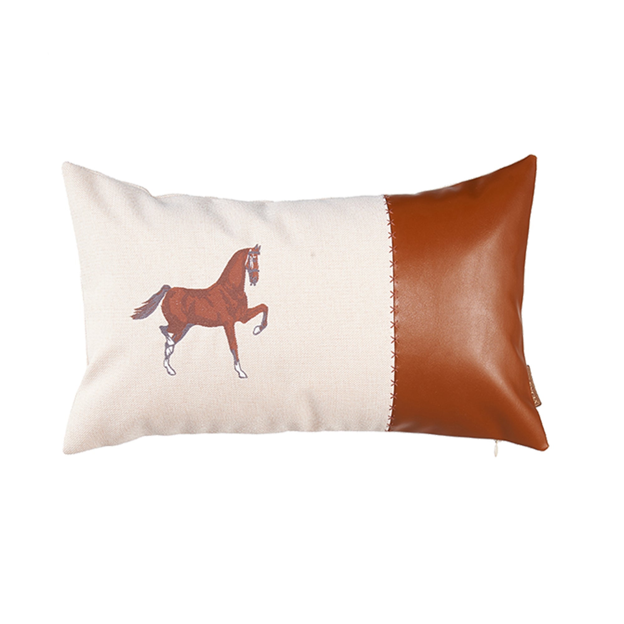 20" X 12" Beige Horse Animal Print Zippered Handmade Faux Leather Lumbar Pillow With Embroidery-0