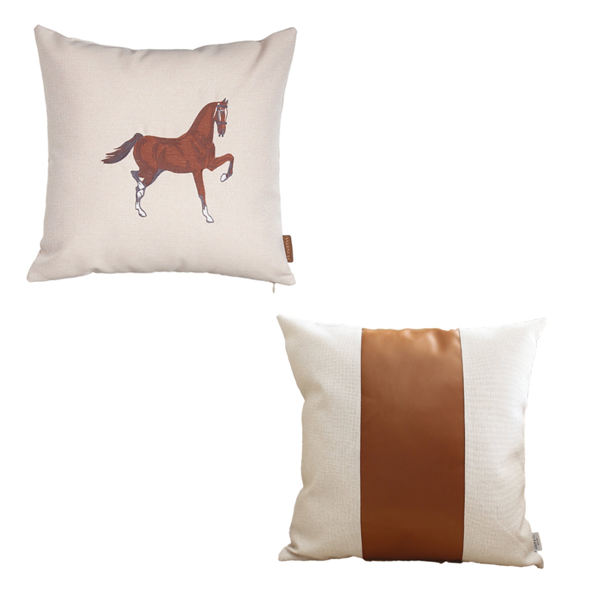 Set Of Two 18" X 18" Beige And Brown Horse Faux Leather Zippered Pillow With Embroidery-1