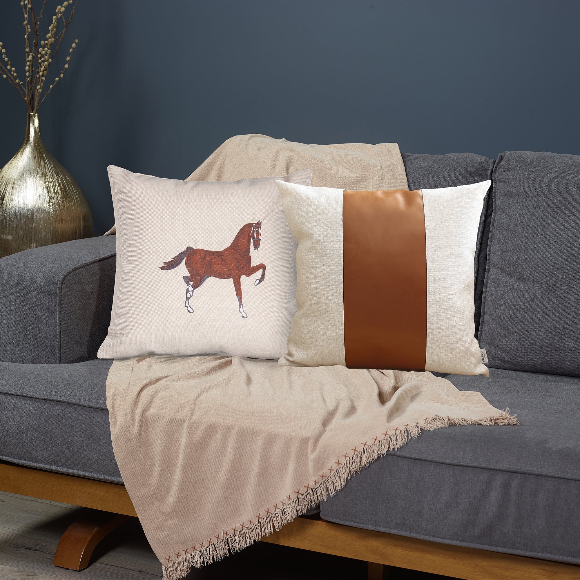 Set Of Two 18" X 18" Beige And Brown Horse Faux Leather Zippered Pillow With Embroidery-3