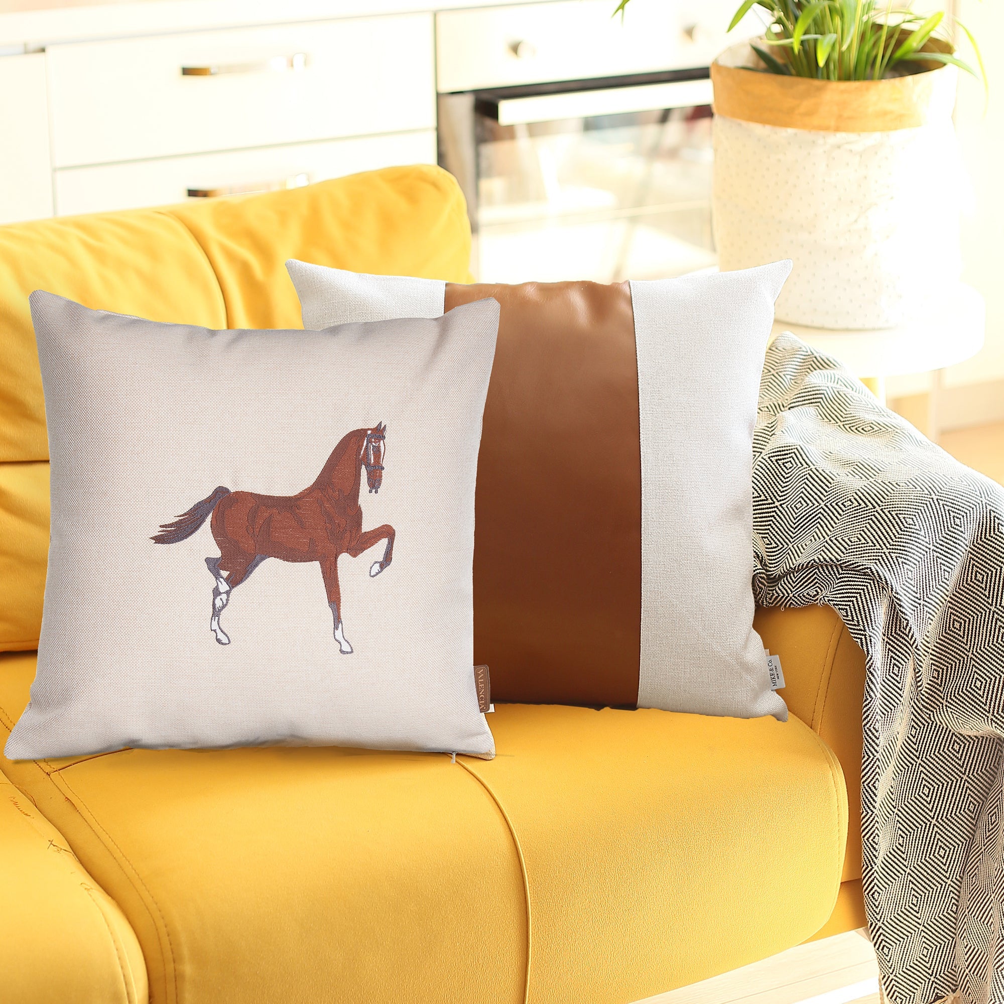 Set Of Two 18" X 18" Beige And Brown Horse Faux Leather Zippered Pillow With Embroidery-4