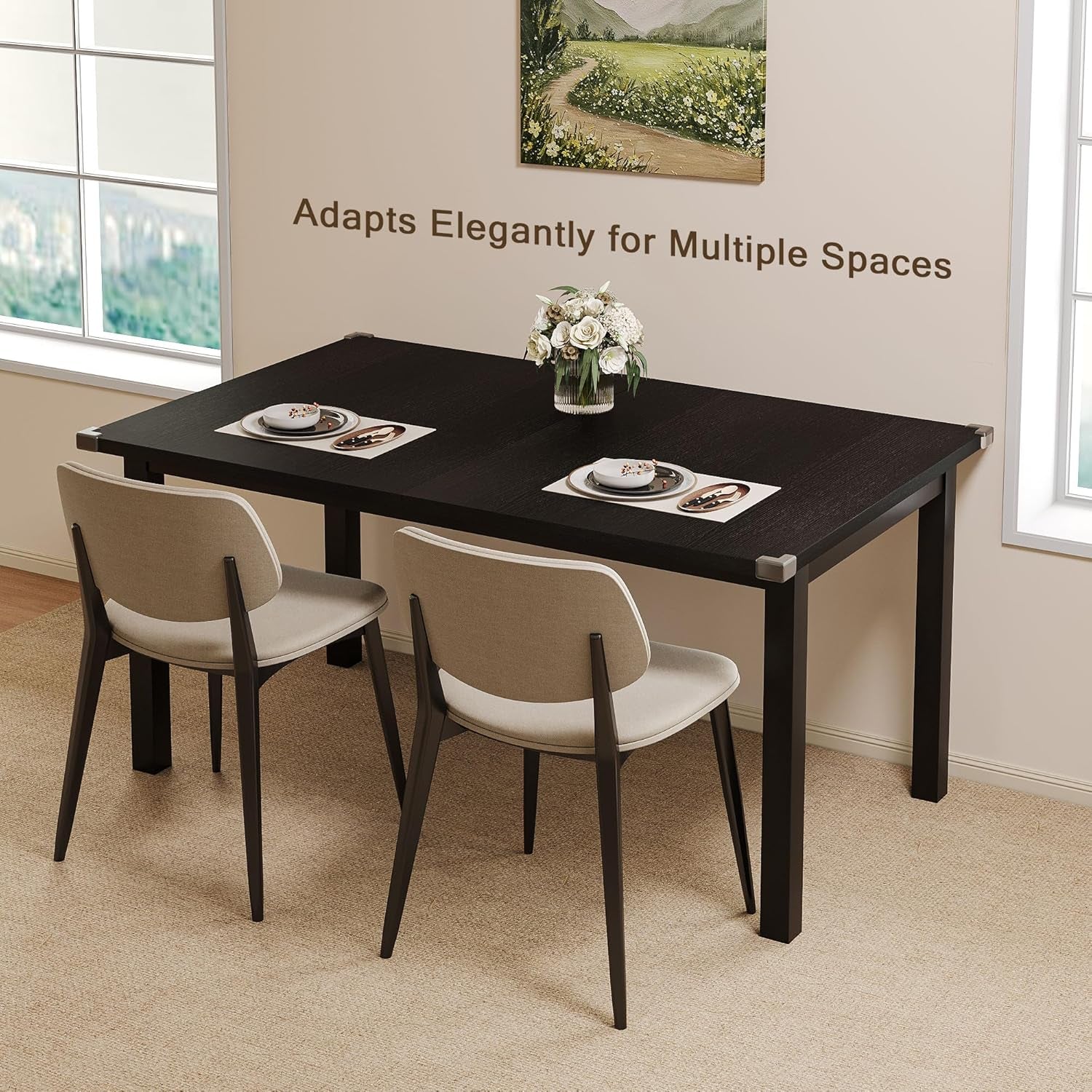 Black Extendable Dining Table 63 Inch For 4 To 6 Guests
