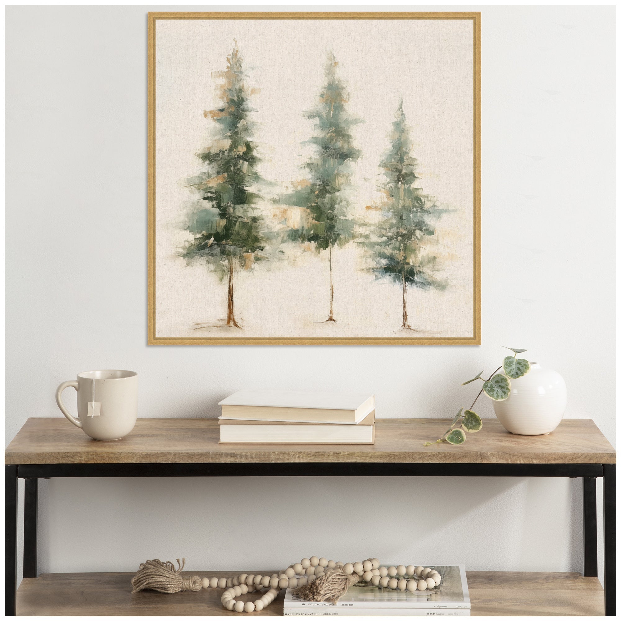 Sylvie Abstract Forest Evergreen Trees on Neutral Linen Framed Canvas by The Creative Bunch Studio