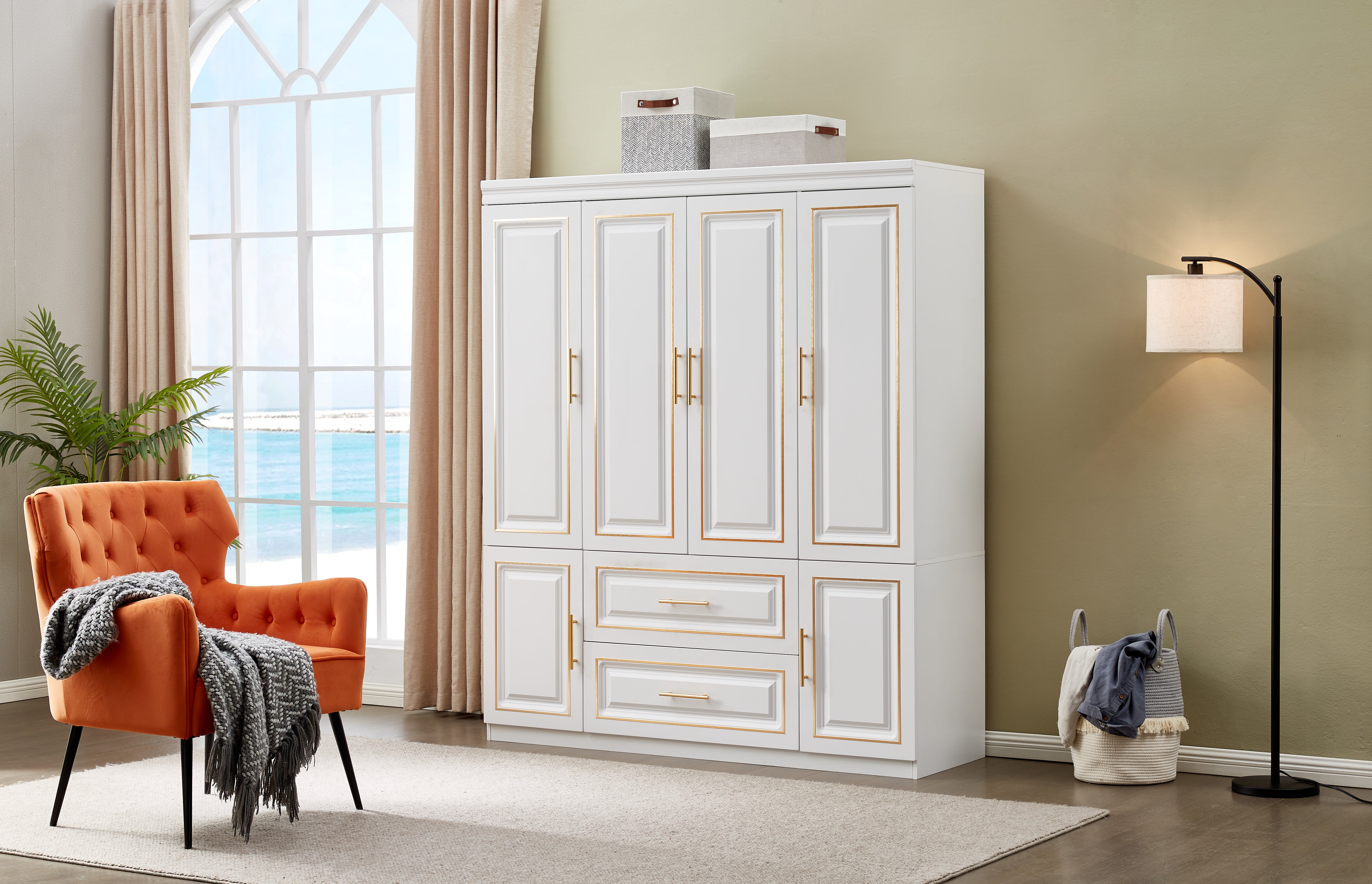 74'' H 4-Door White Wooden Wardrobe Closet | Freestanding Bedroom Armoire with 2 Drawers, Hanging Rod & Storage Shelves