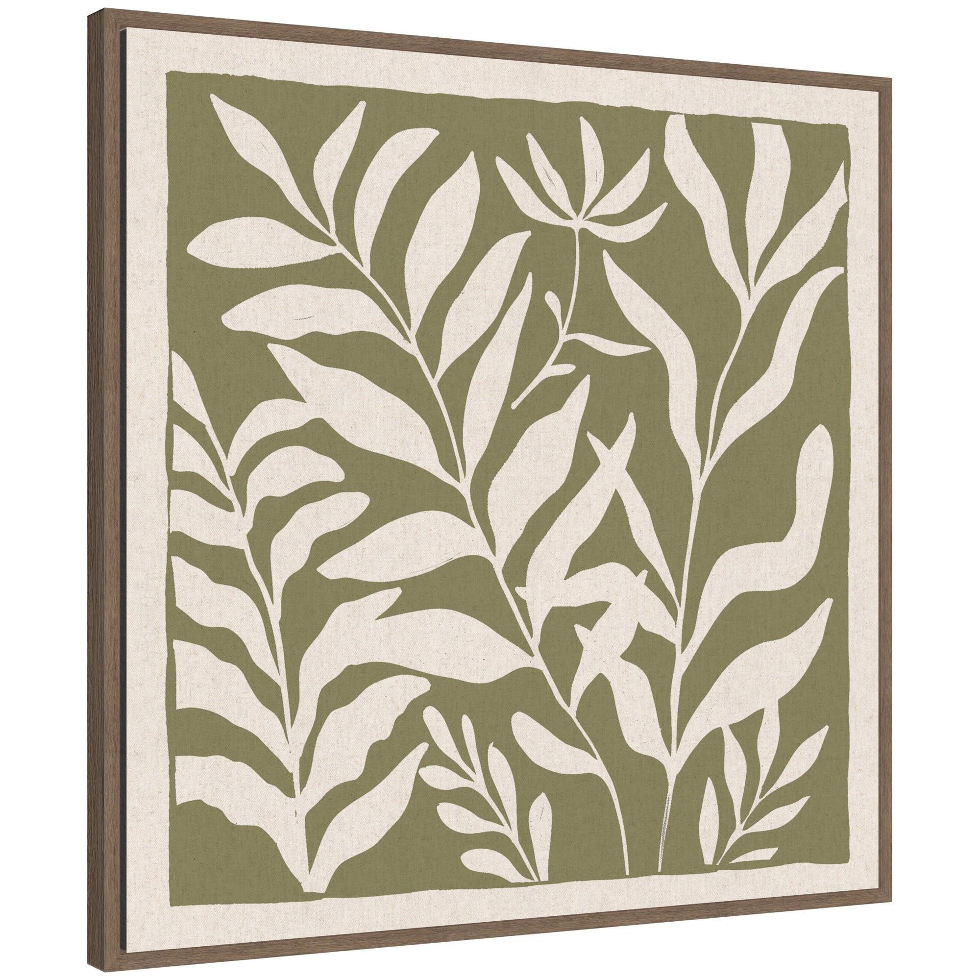 Sylvie Modern Minimalist Botanical Green and Neutral Linen Framed Canvas by The Creative Bunch Studio