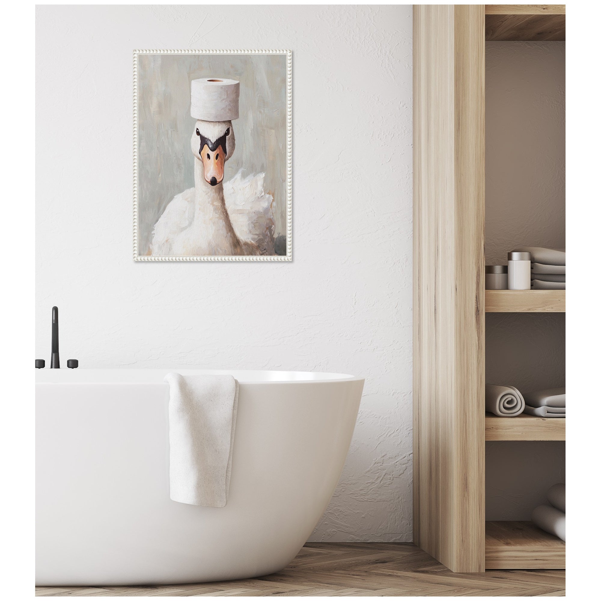 Sylvie Toilet Paper Roll on White Swans Head Bathroom Art Framed Canvas by The Creative Bunch Studio