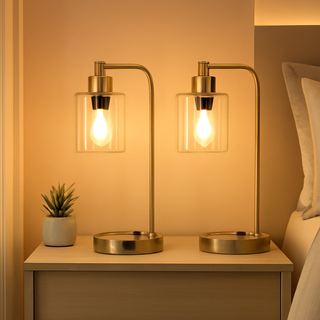 Industrial Touch Table Lamps Set Of 2 With USB Ports And AC Outlet Brass