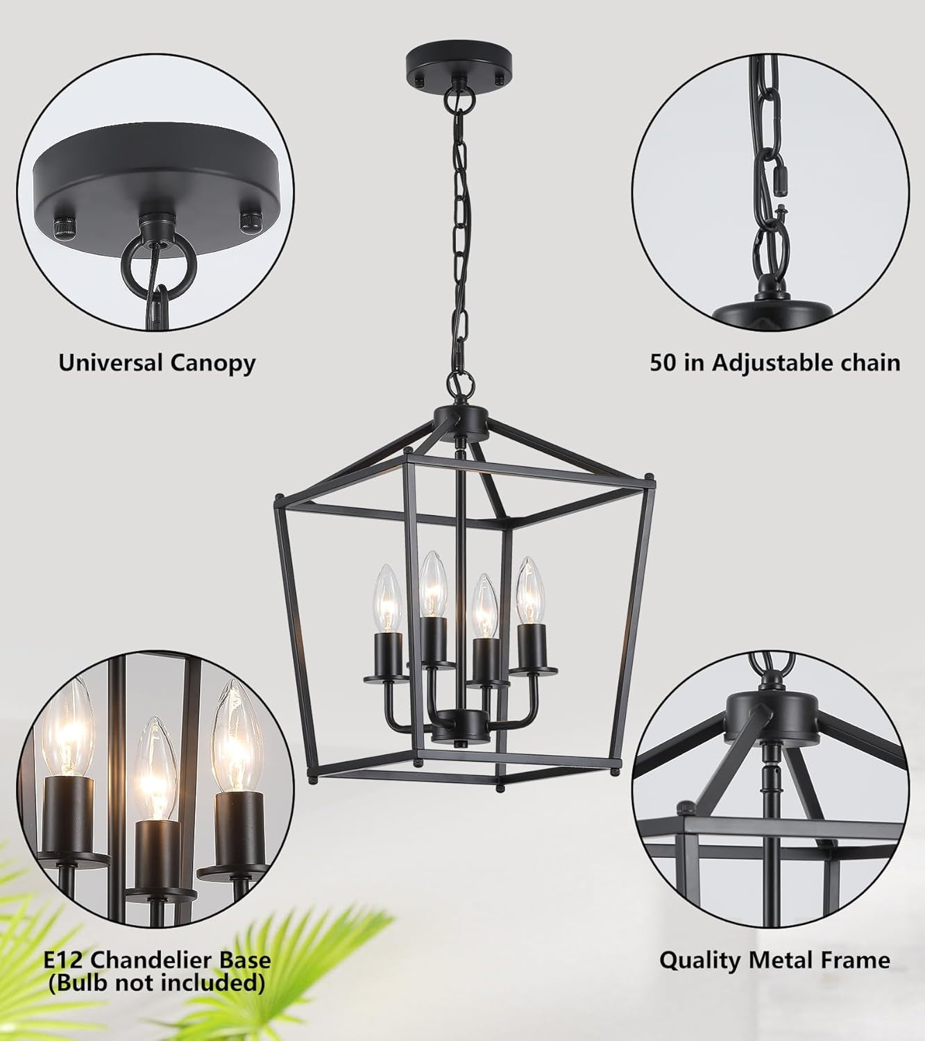 UL Black Industrial Lantern Chandelier 4 Light Pendant